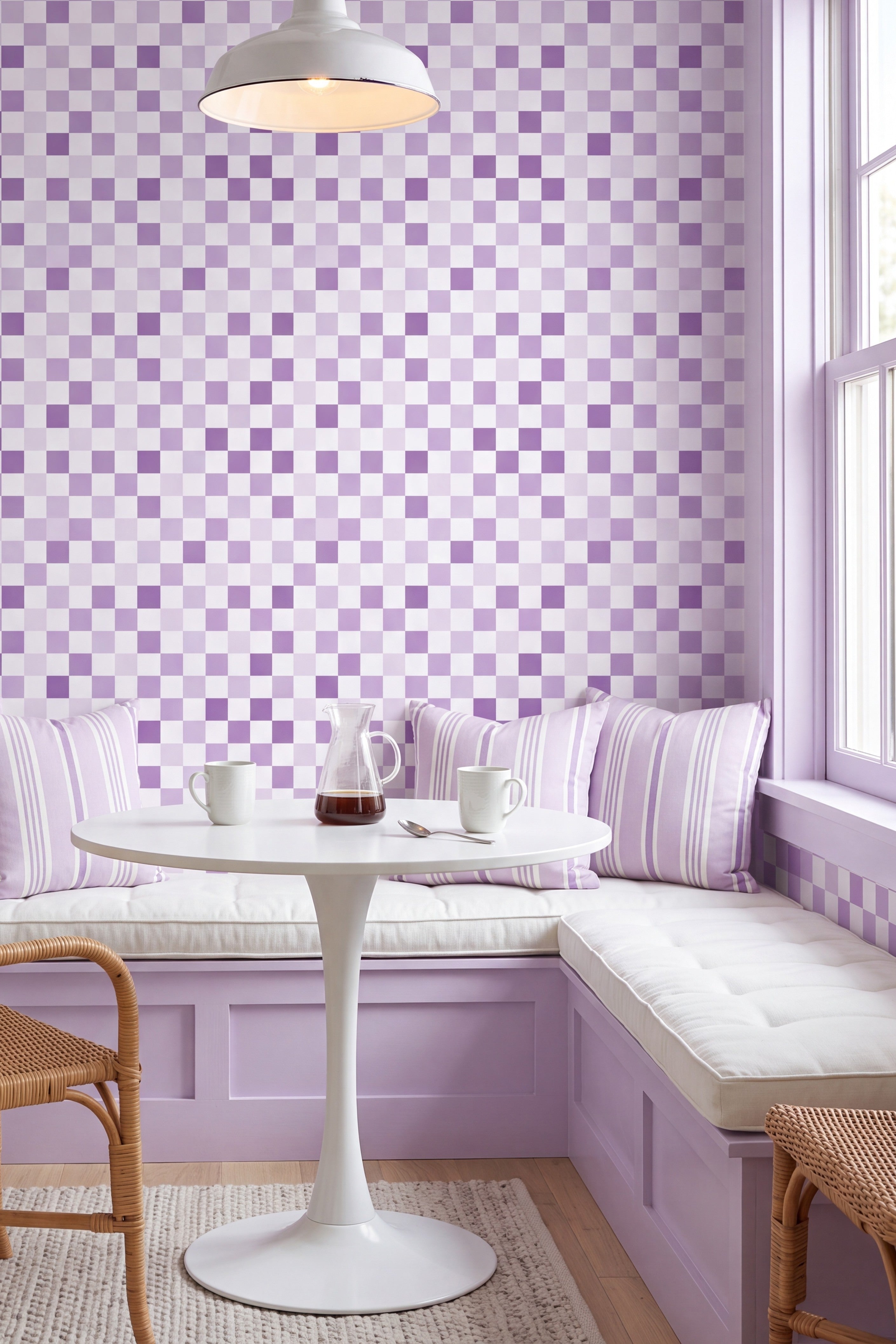 Lilac Check wallpaper shown in a cozy nook