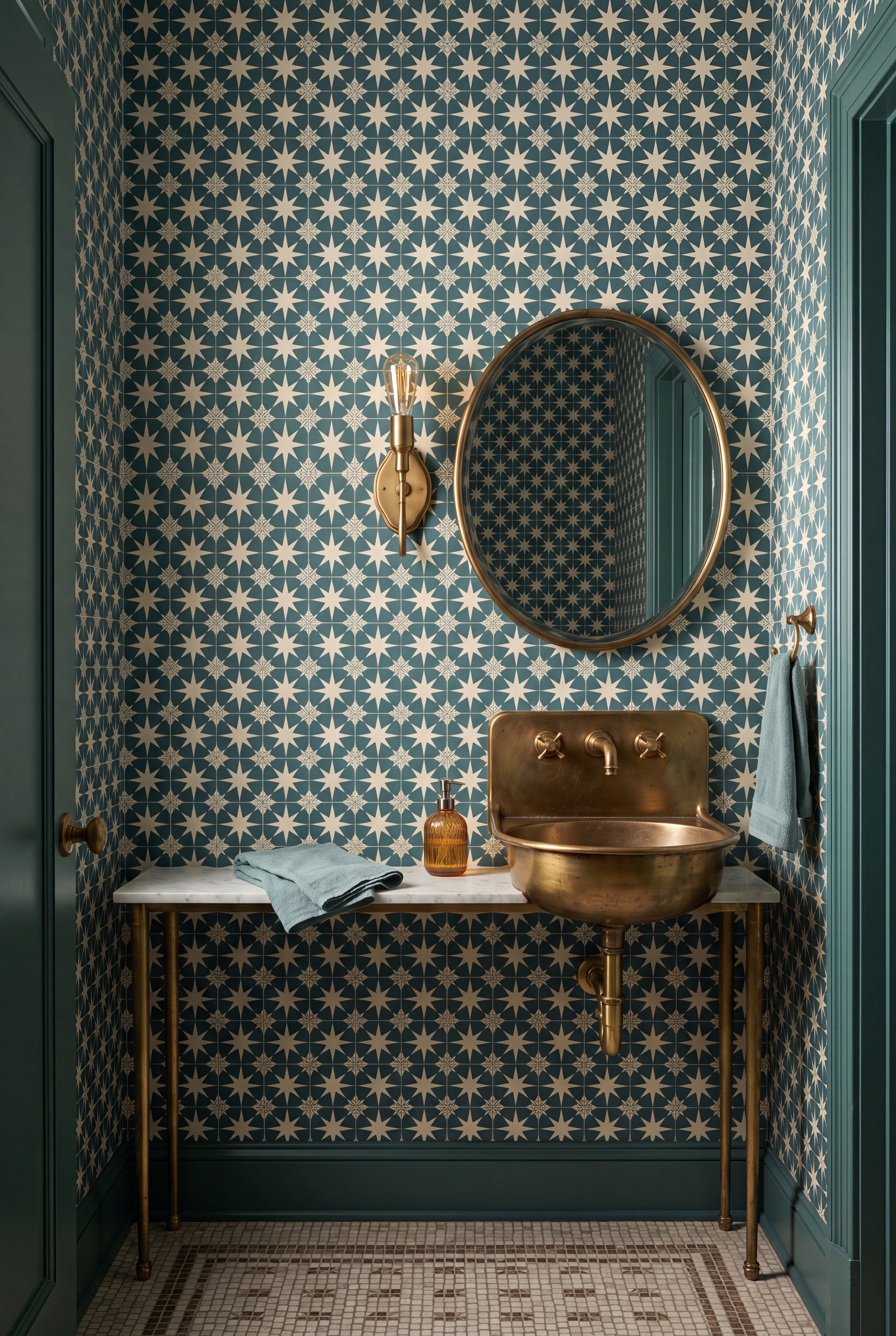 Casablanca wallpaper shown in a powder room