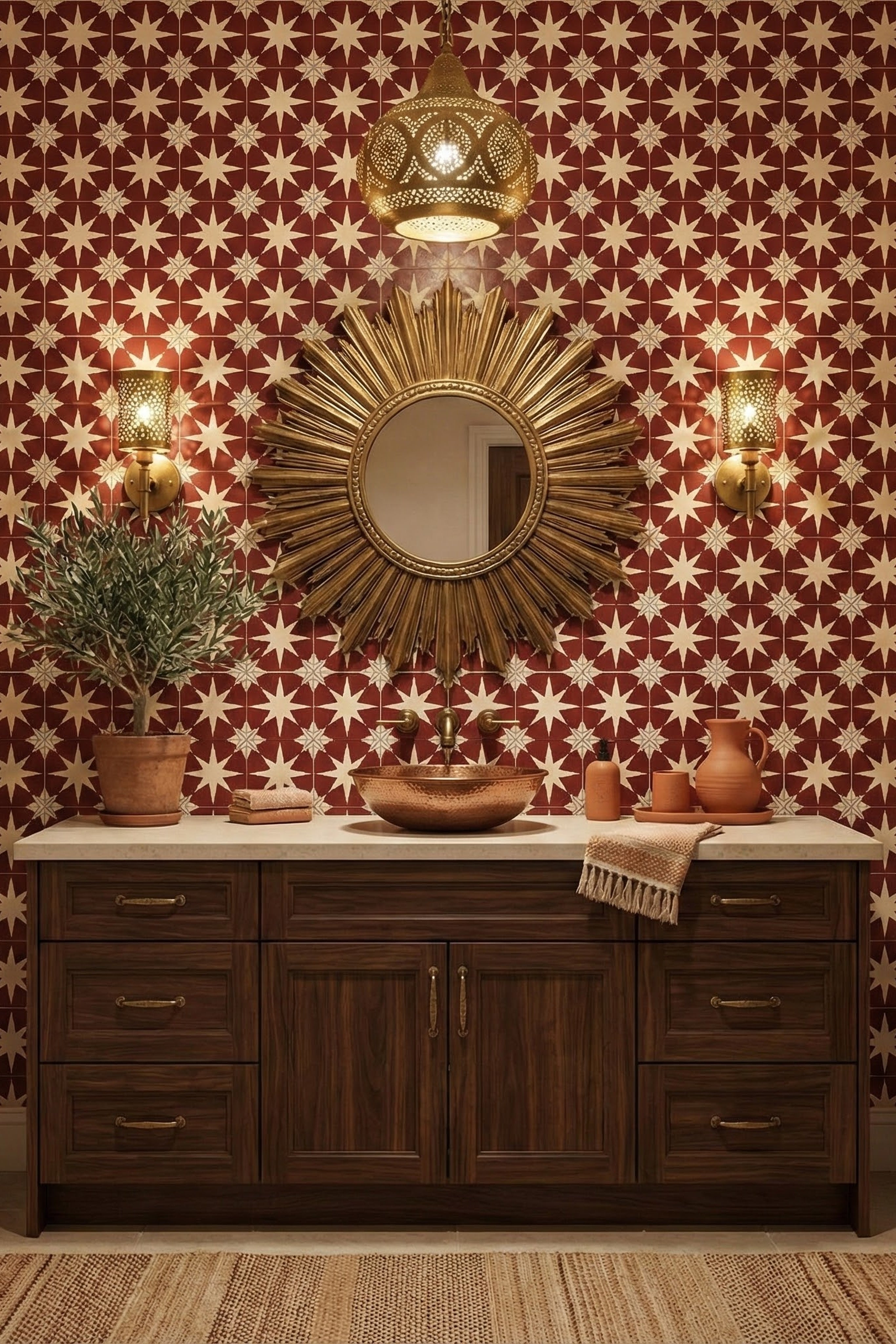 Kasbah Star wallpaper shown in a powder room