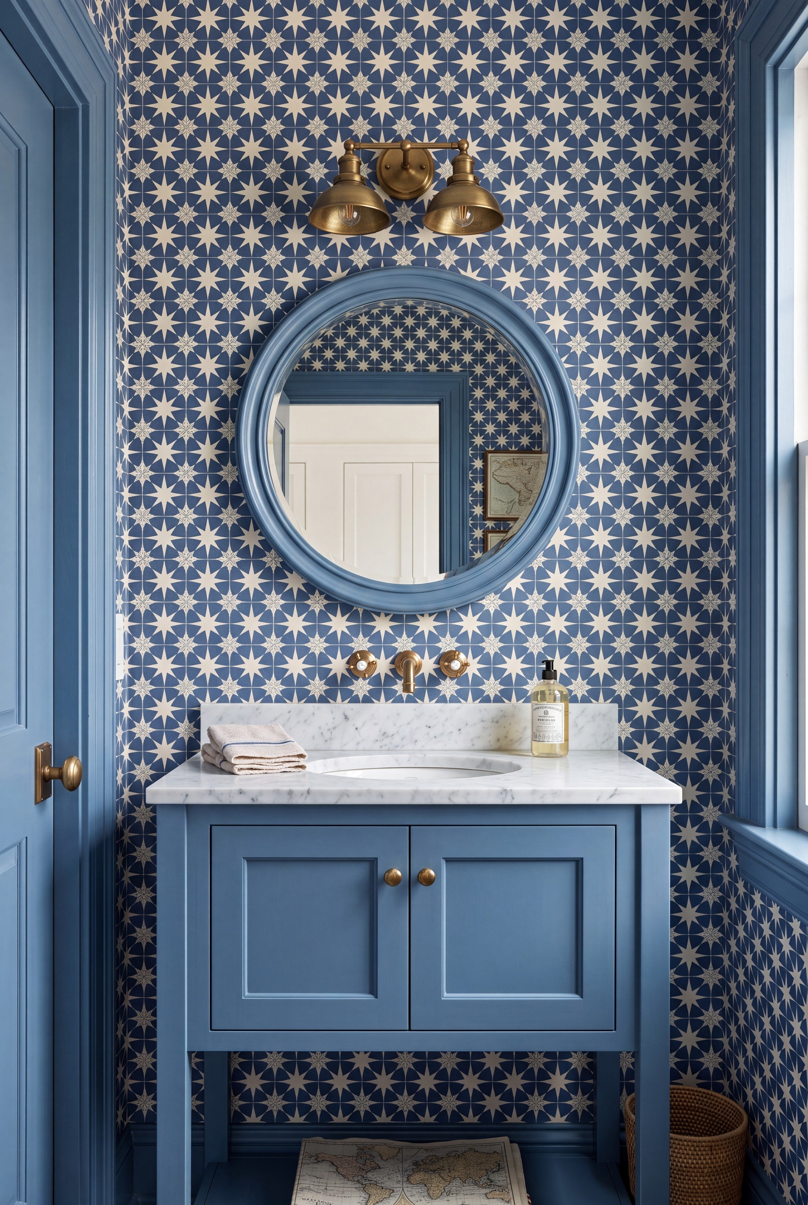 Starboard wallpaper shown in a powder room