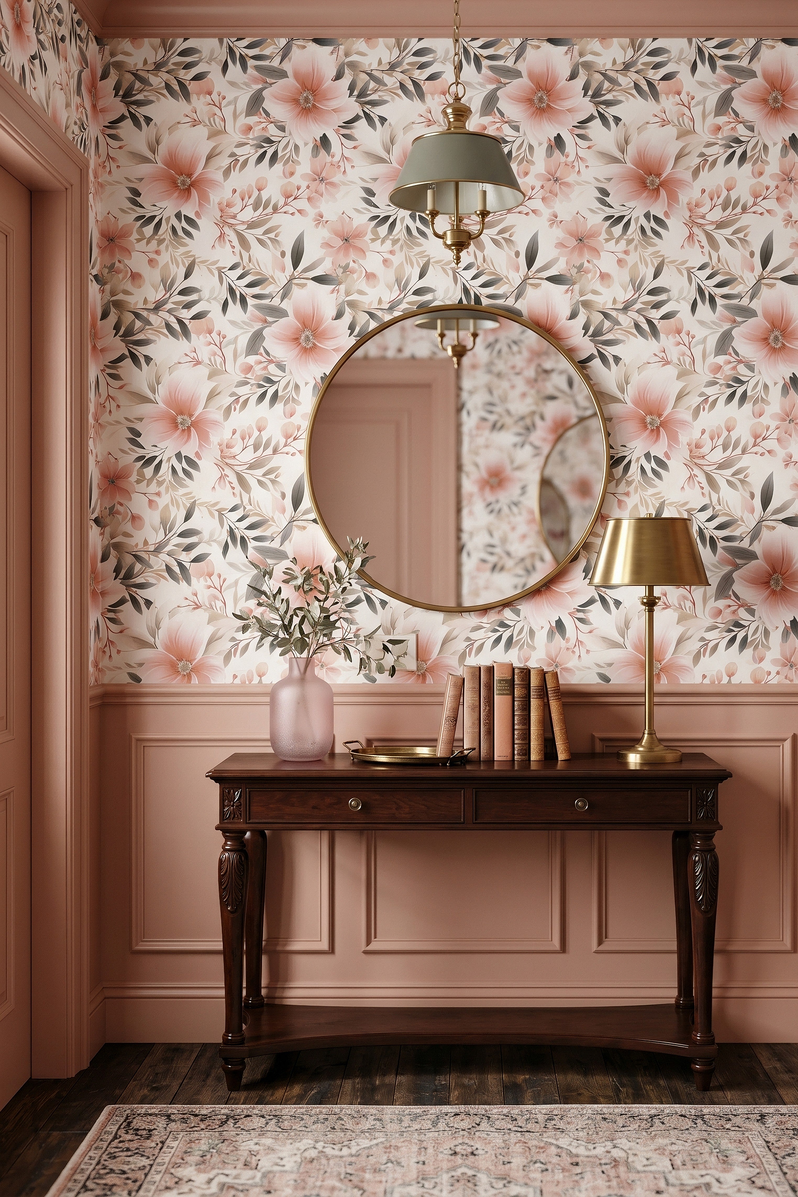 Blush Botanica wallpaper shown in an entryway
