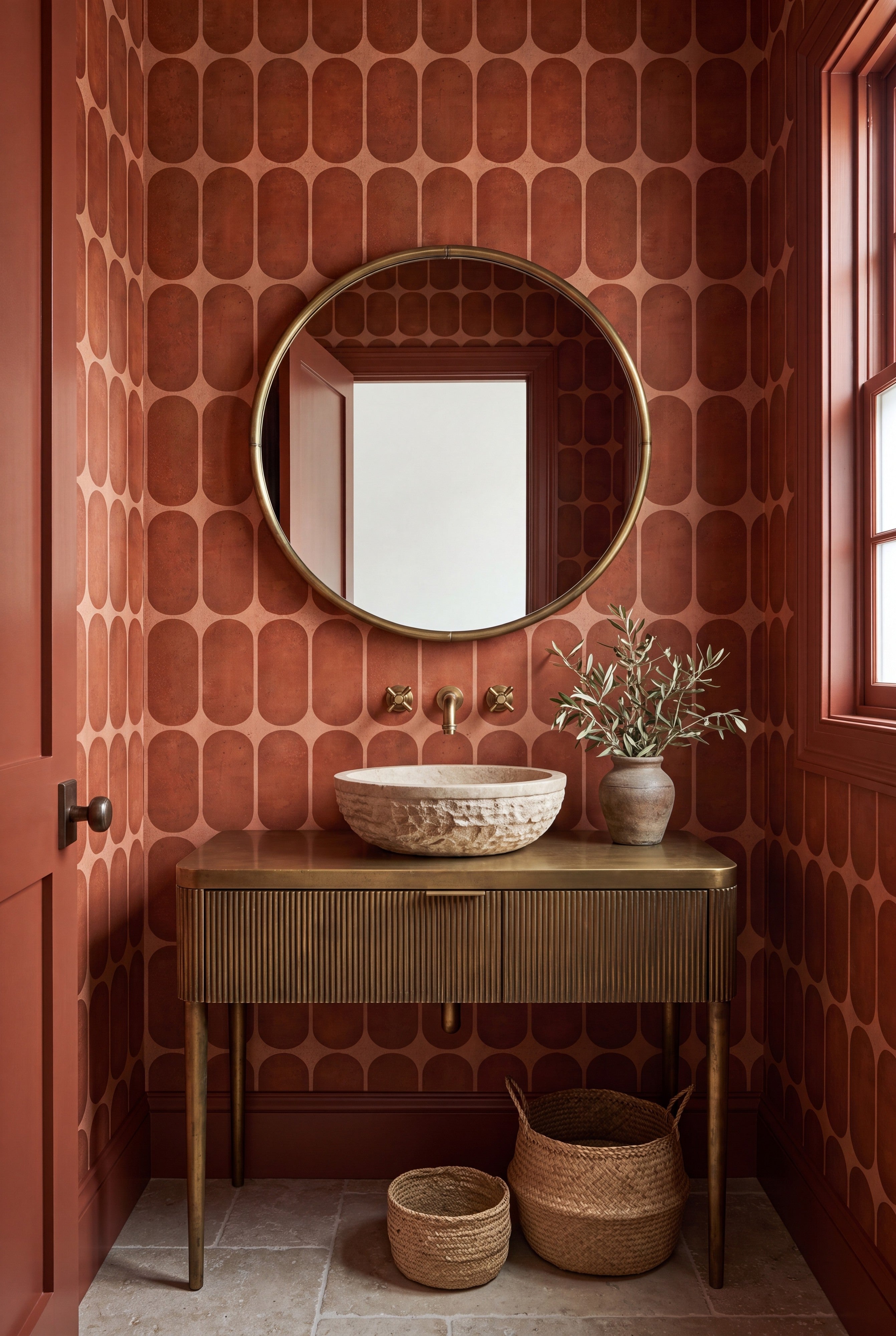 Retro Adobe wallpaper shown in a powder room
