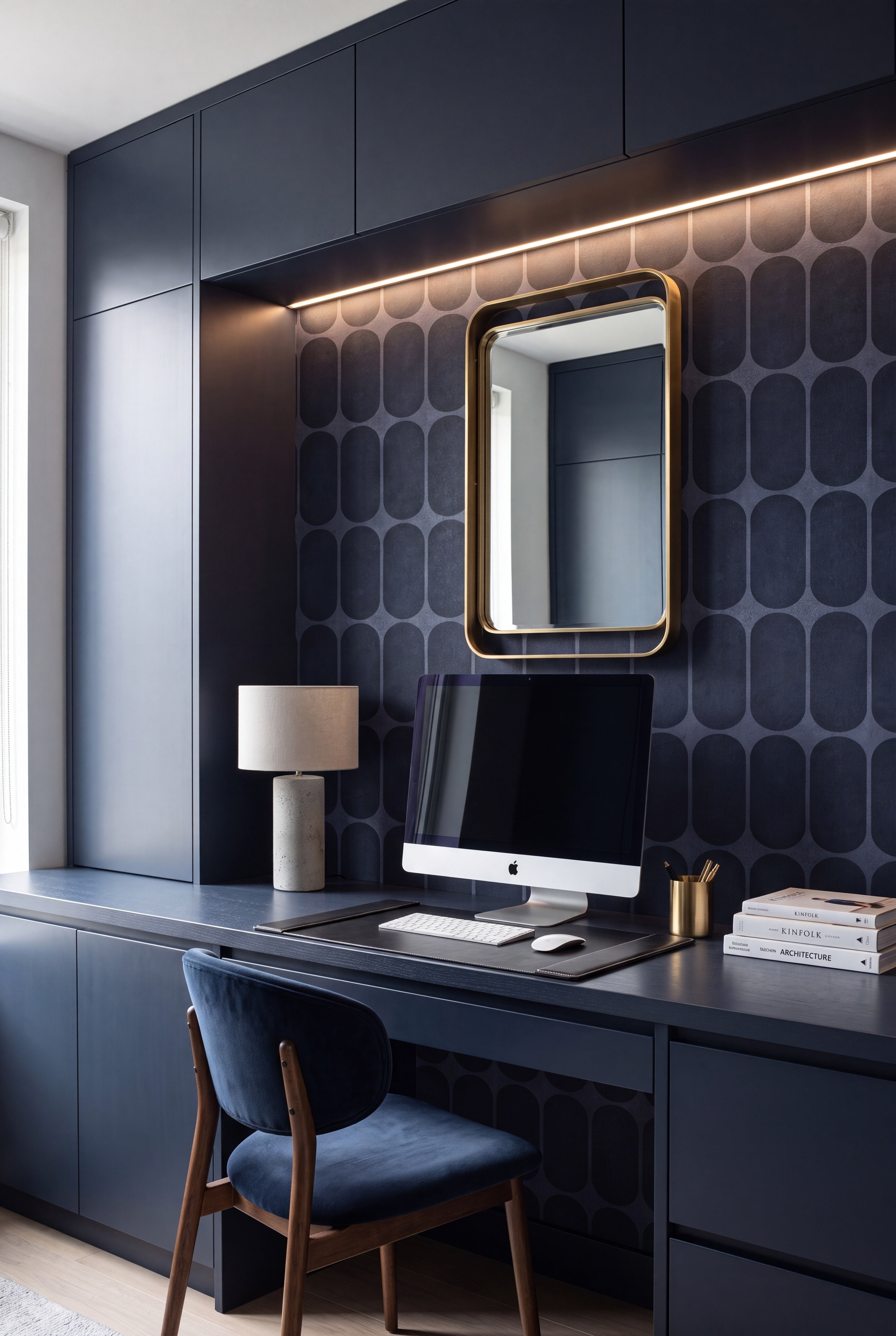 Navy Mod wallpaper shown in a home office