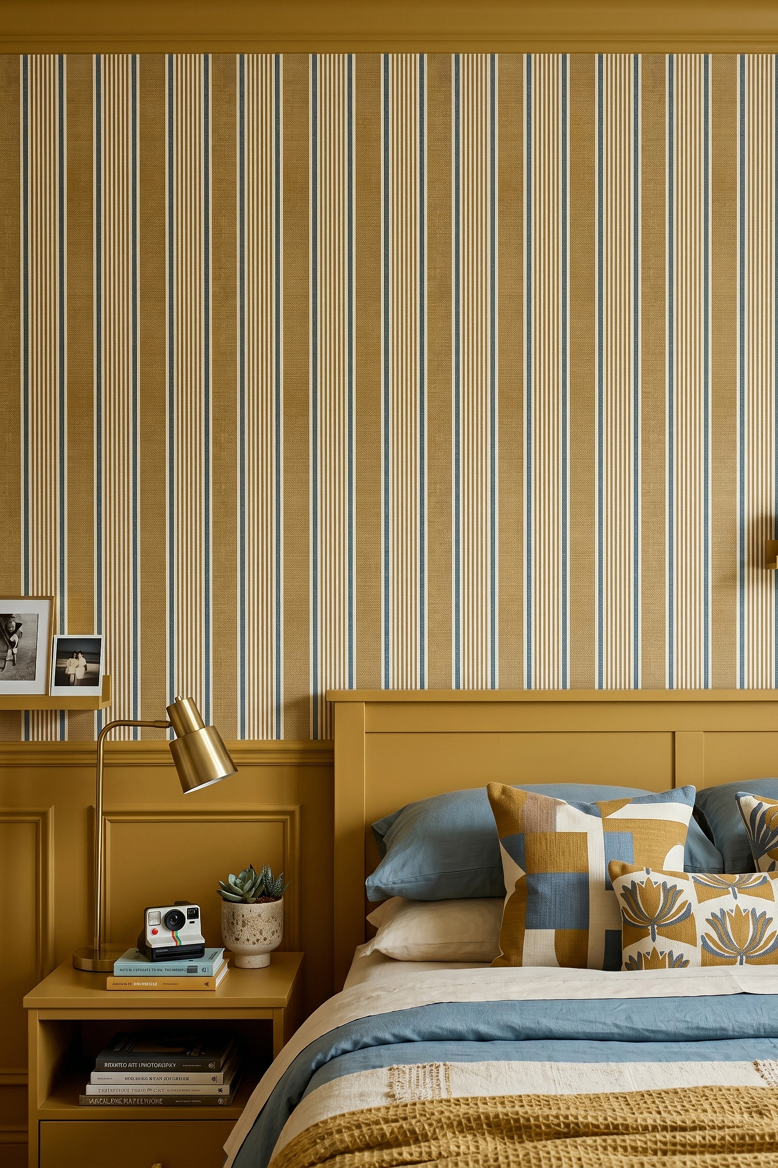 Marigold Stripe wallpaper shown in a bedroom