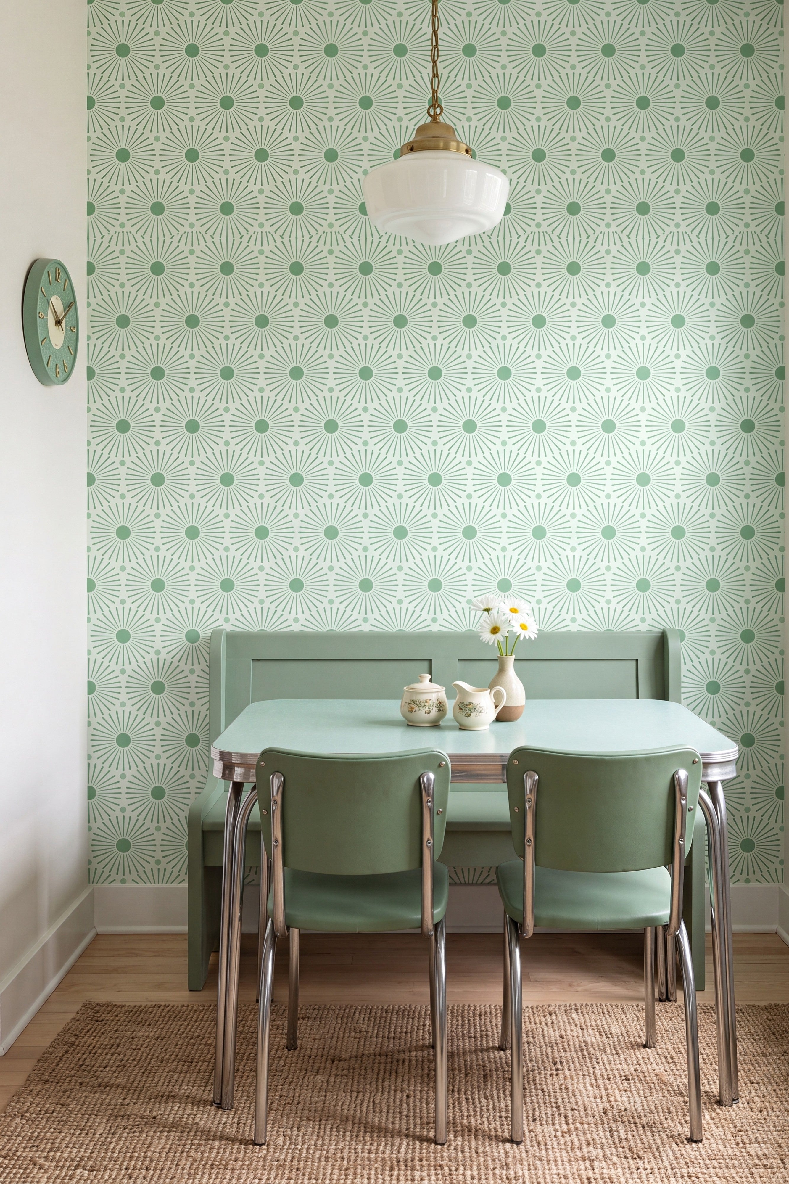 Mint Sunburst wallpaper shown in a breakfast nook