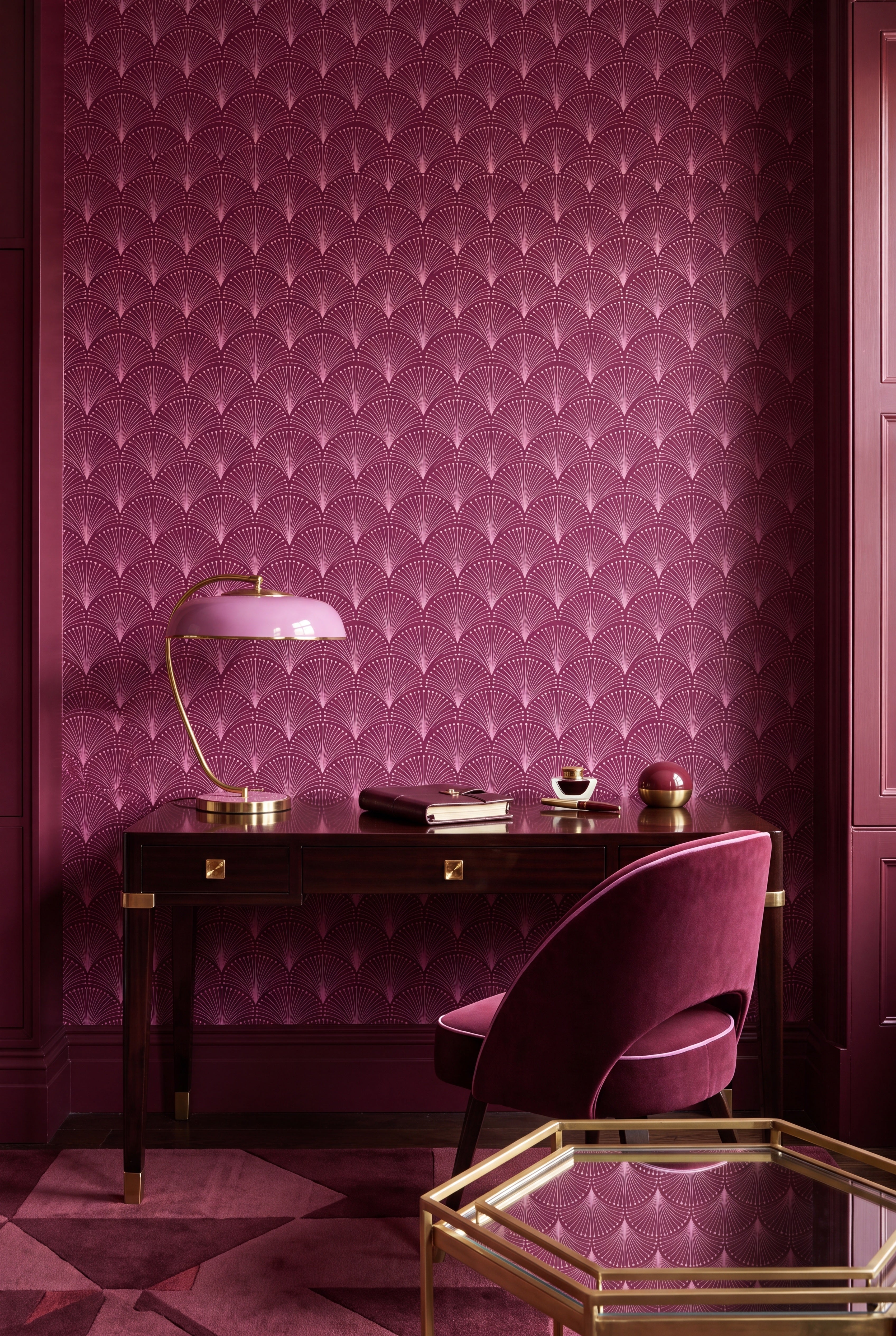Plum Fan wallpaper shown in a home office