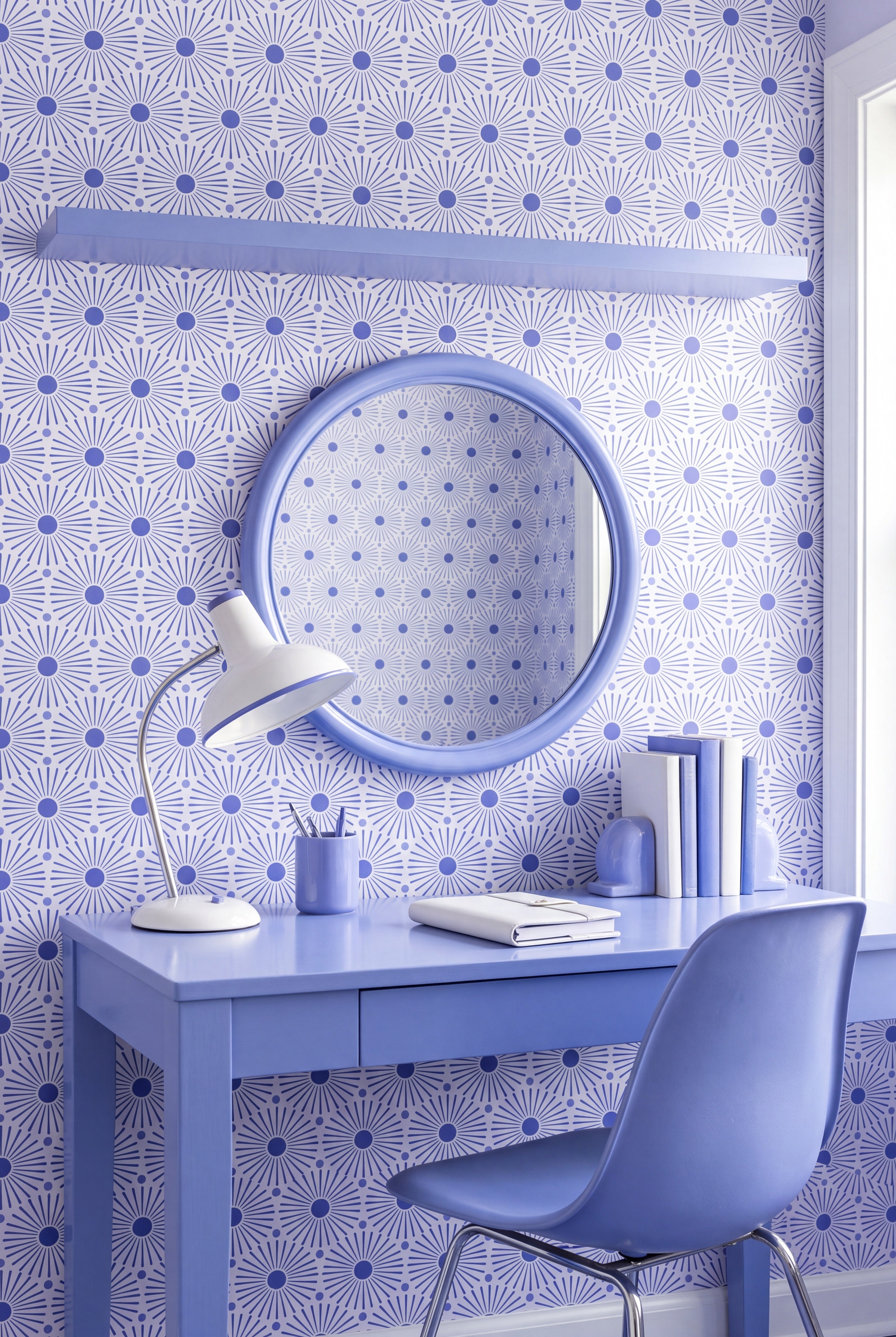 Periwinkle Play wallpaper shown in a home office