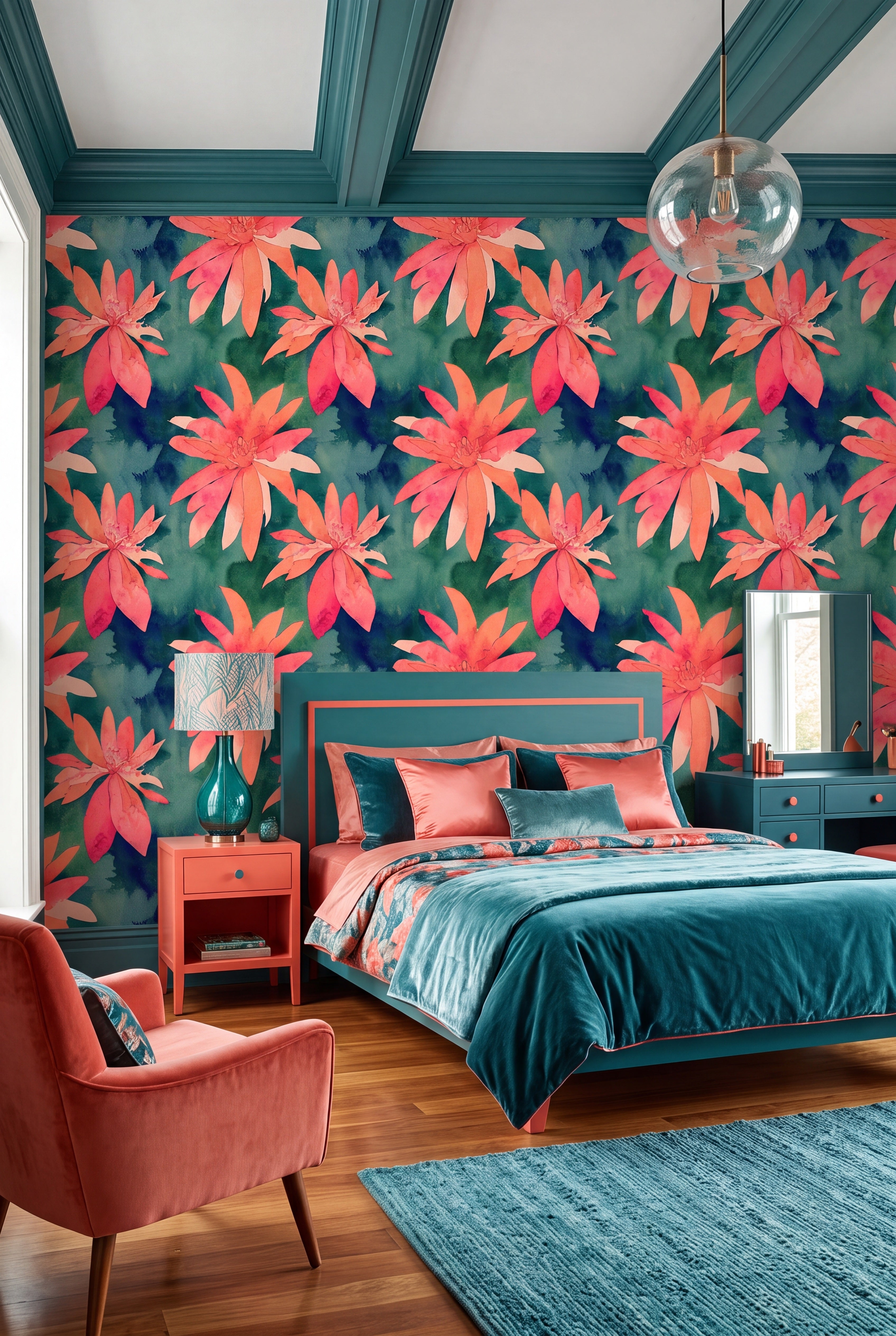 Island Bloom wallpaper shown in a bedroom