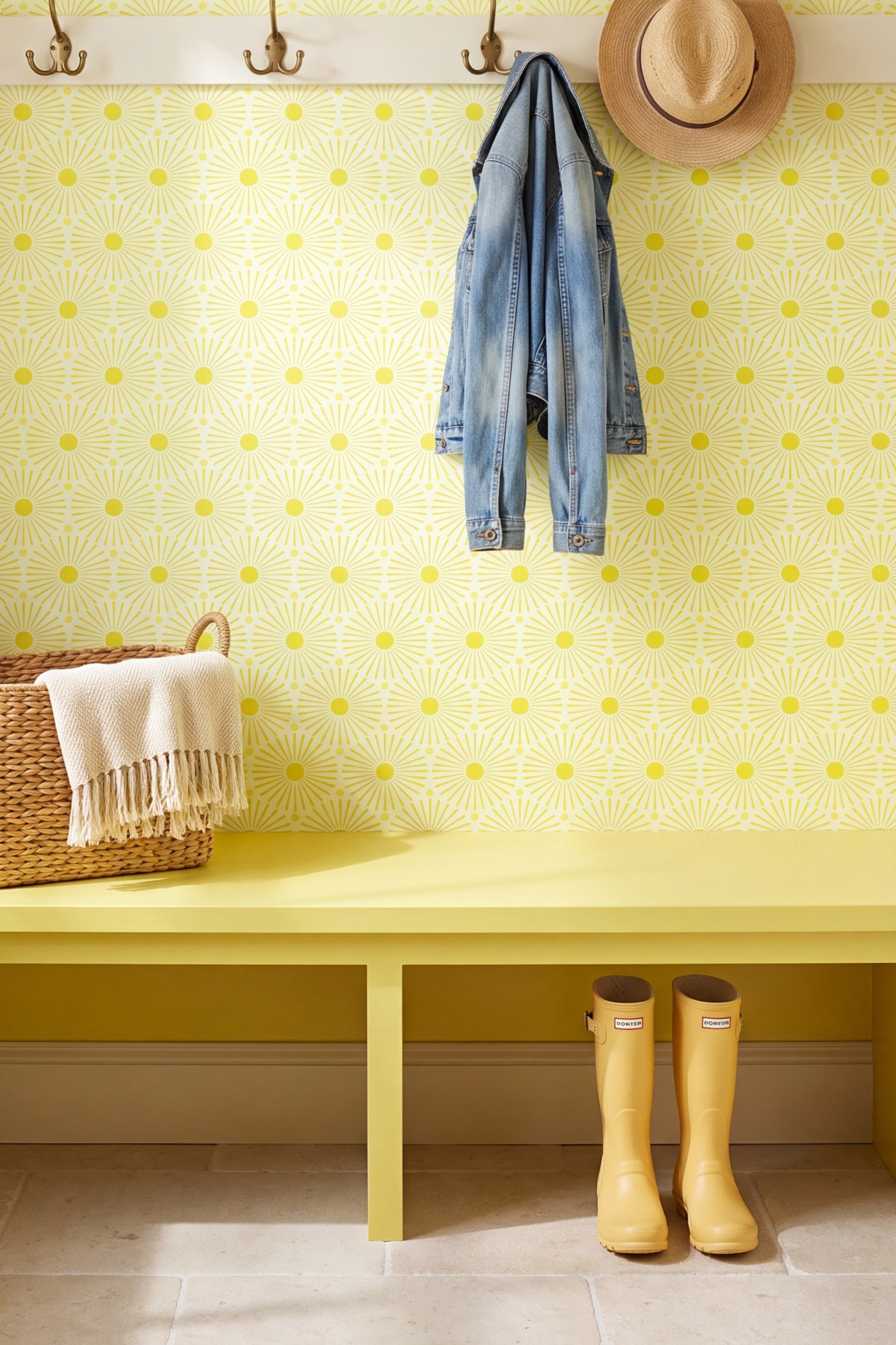 Lemon Burst wallpaper shown in a mudroom