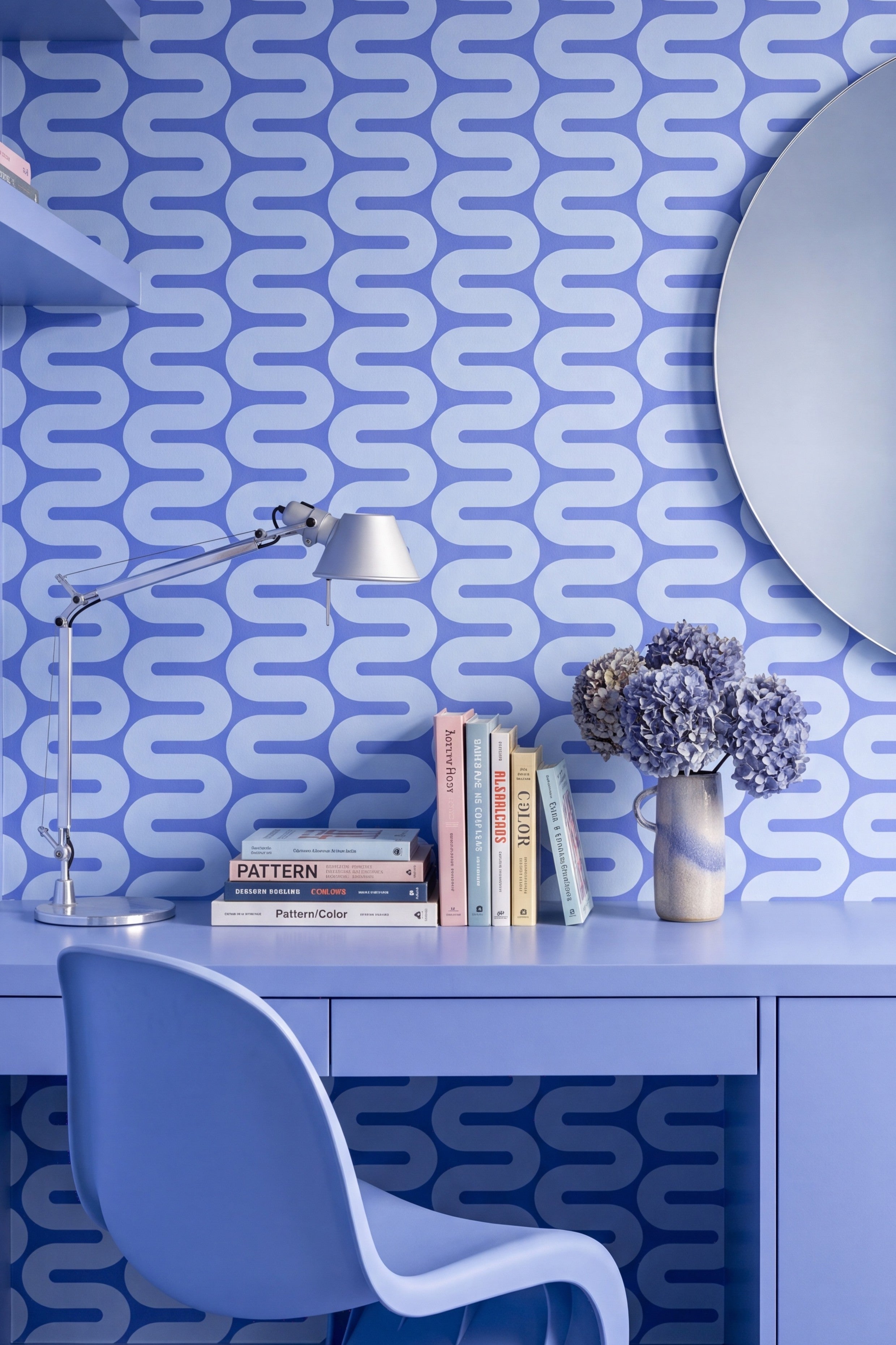 Blue Wiggle wallpaper shown in a home office
