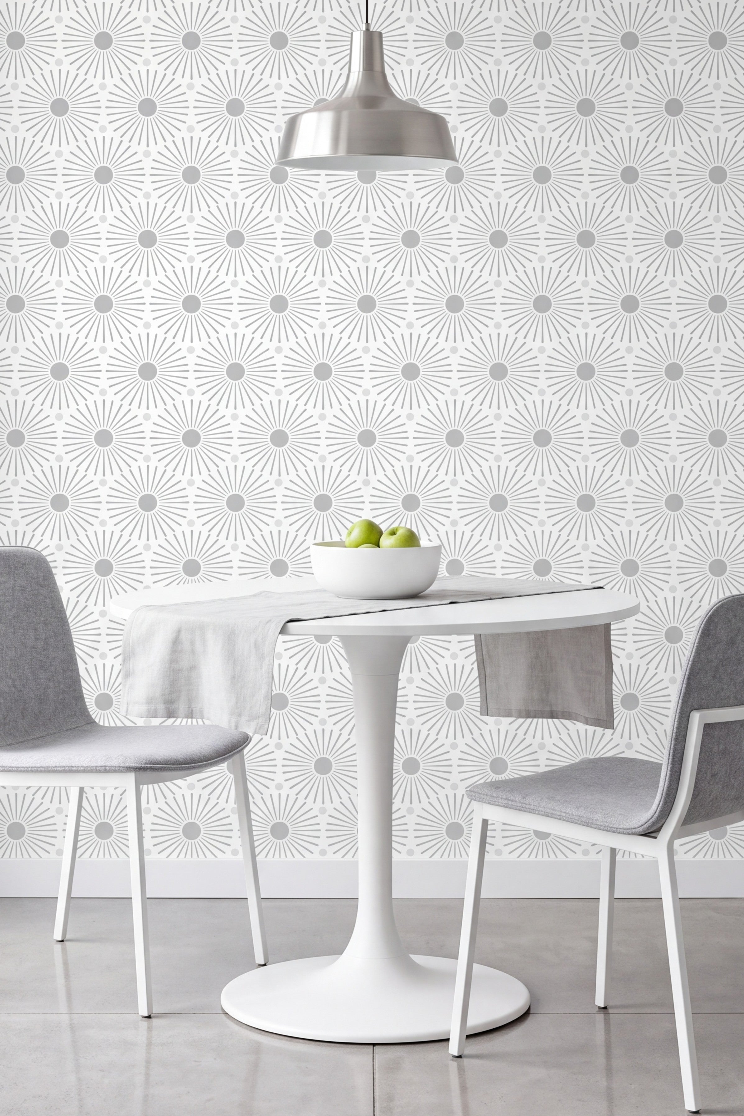 Grey Mod wallpaper shown in a breakfast nook