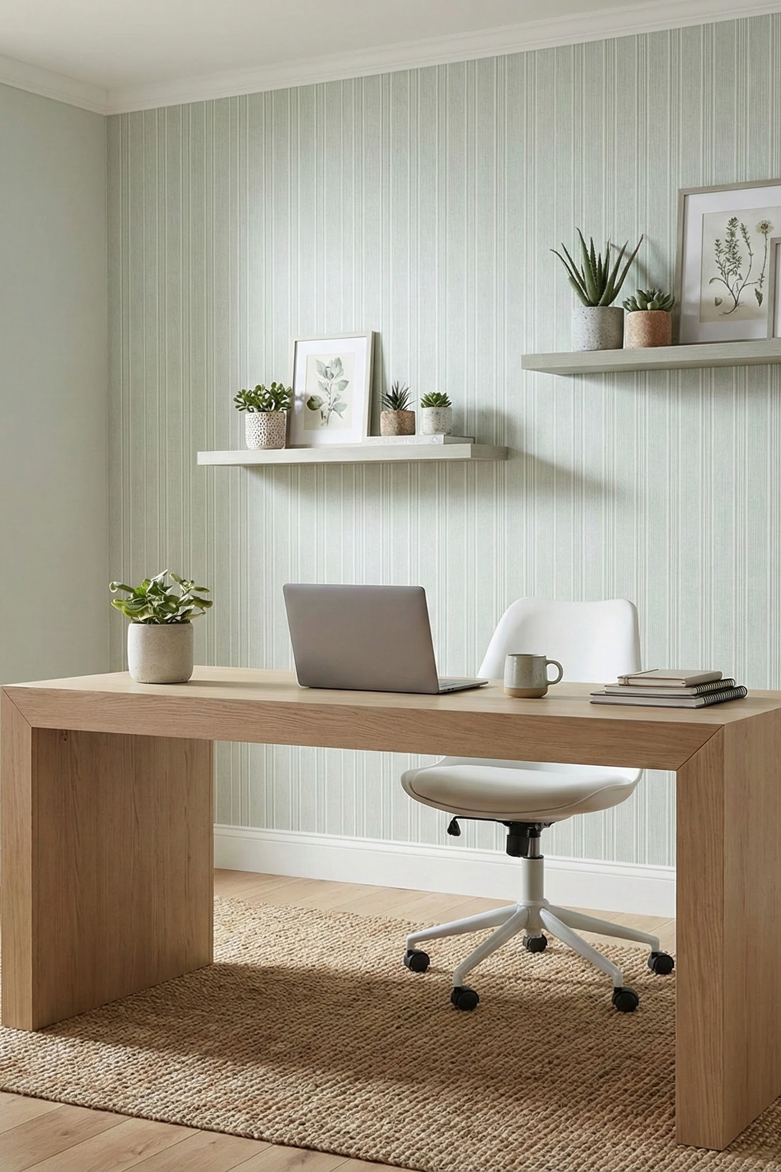 Sage Pinstripe wallpaper shown in a home office
