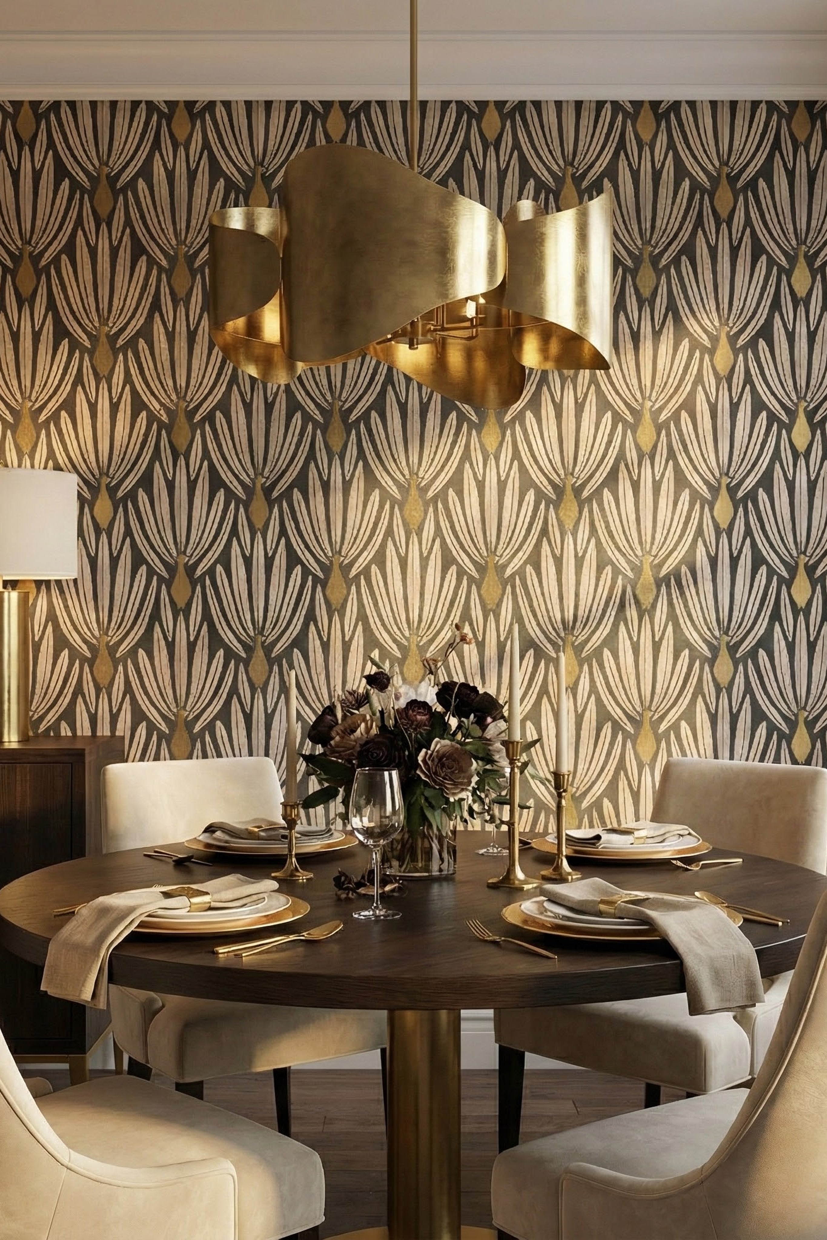 Peacock Deco wallpaper shown in a dining room