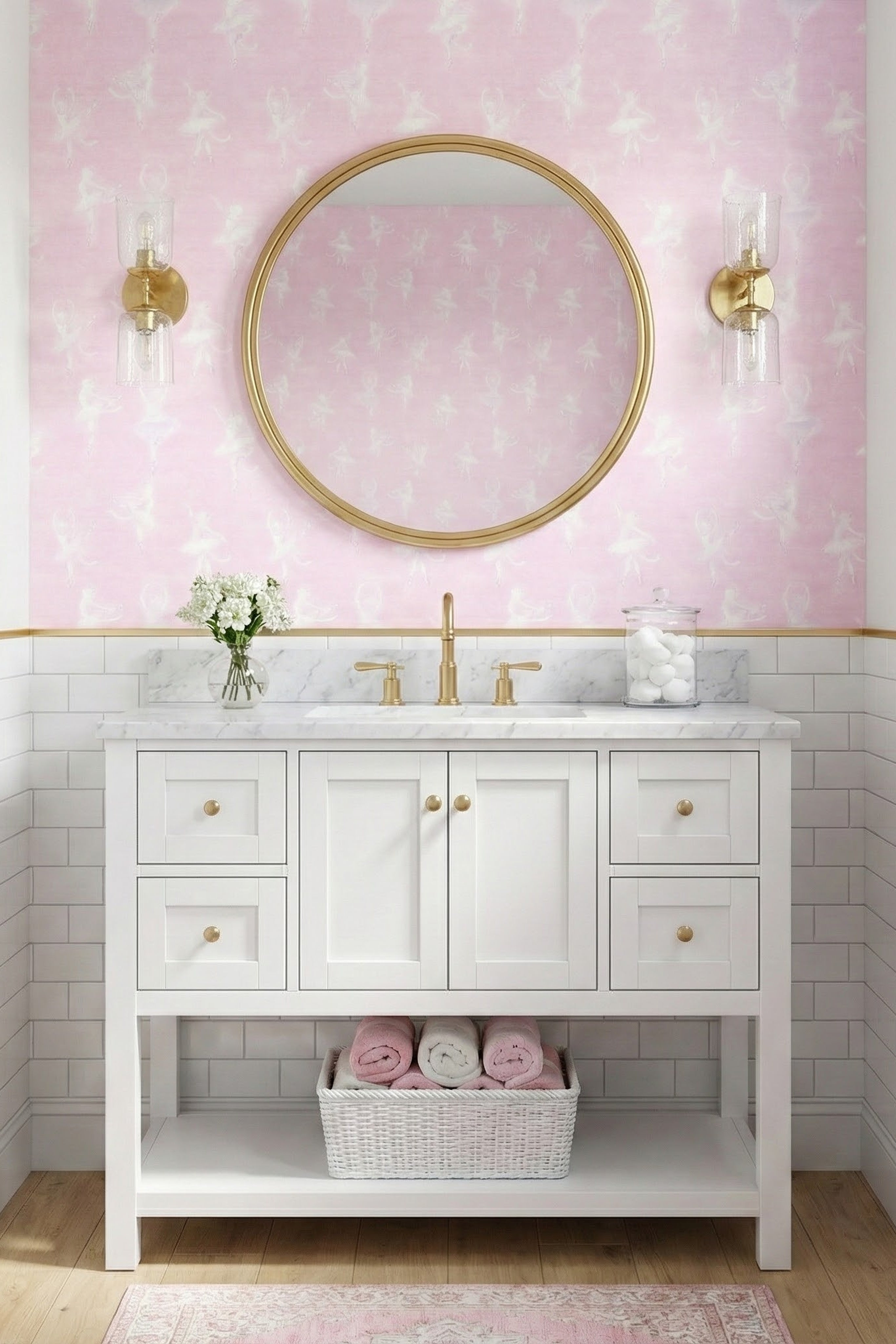 Tutu Kitty wallpaper shown in a powder room