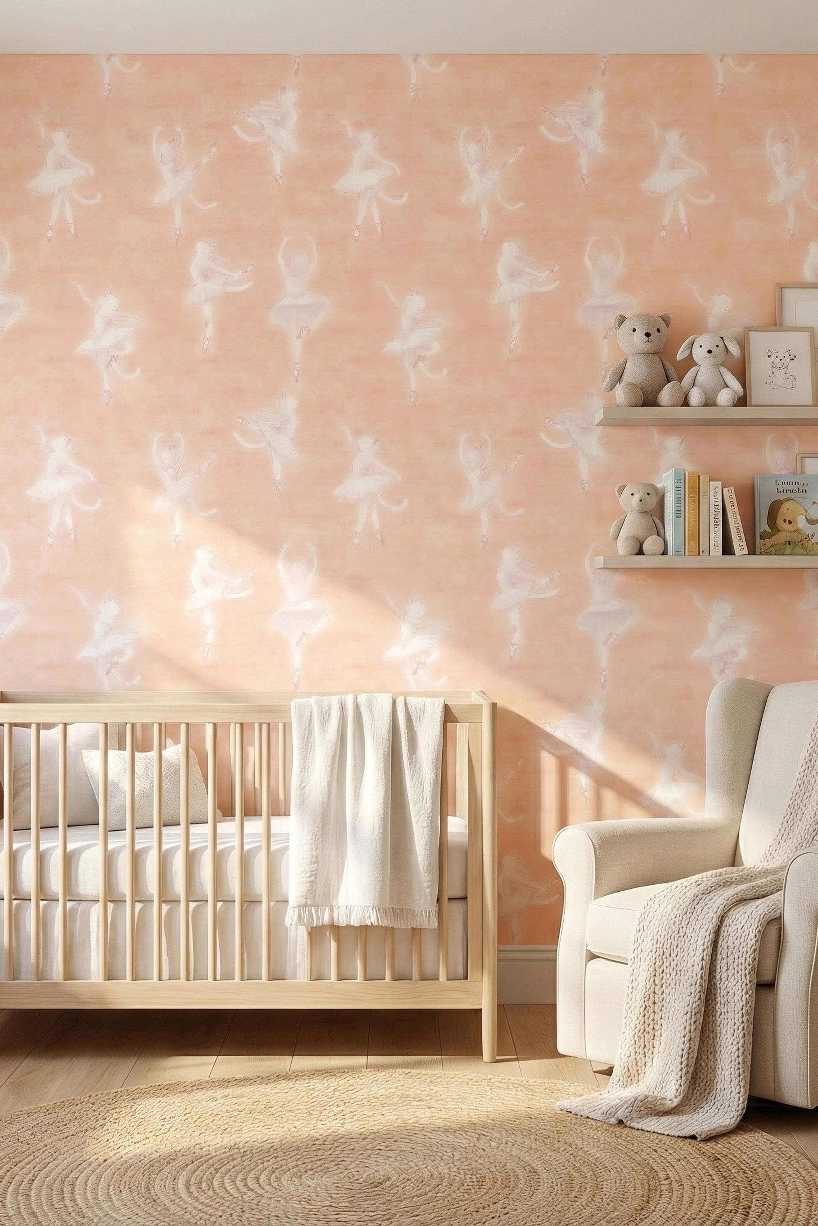 Kitten Ballet wallpaper shown in a nursery