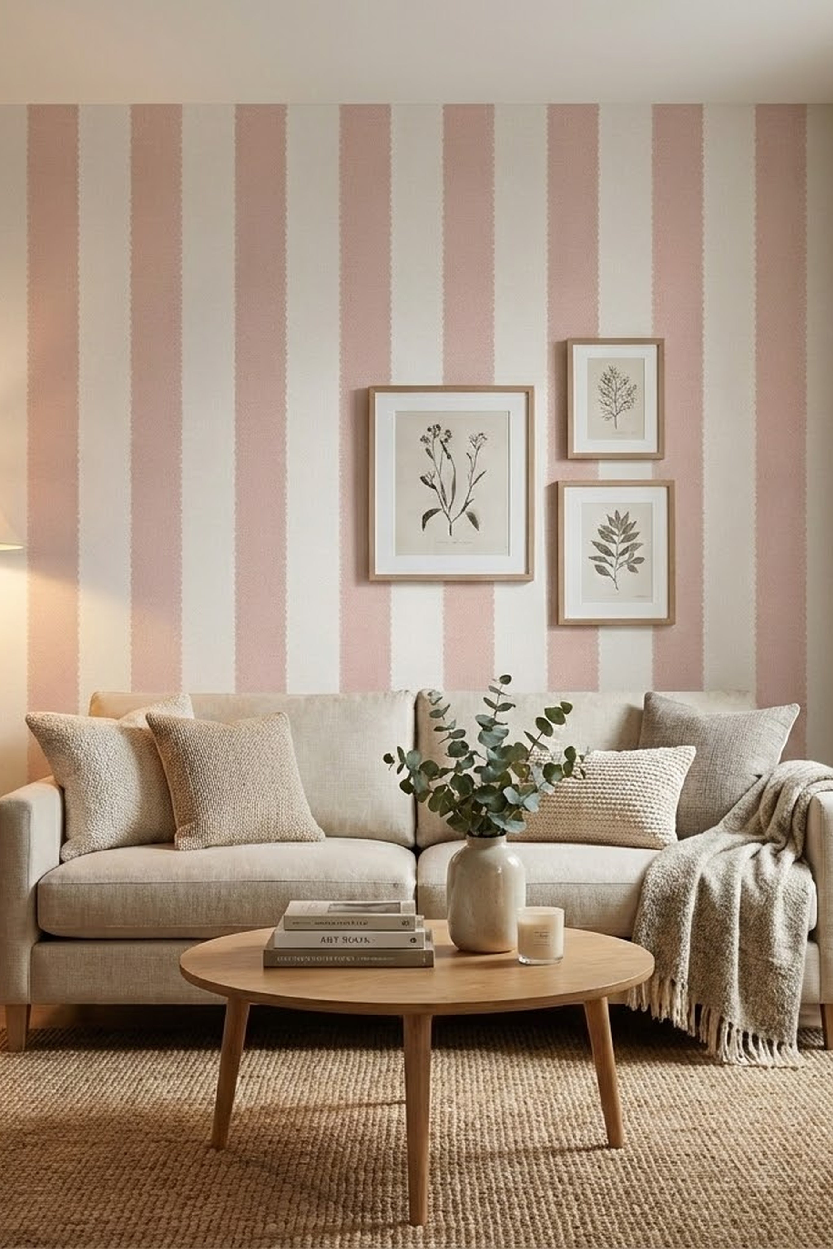 Blush Scallop wallpaper shown in a living room