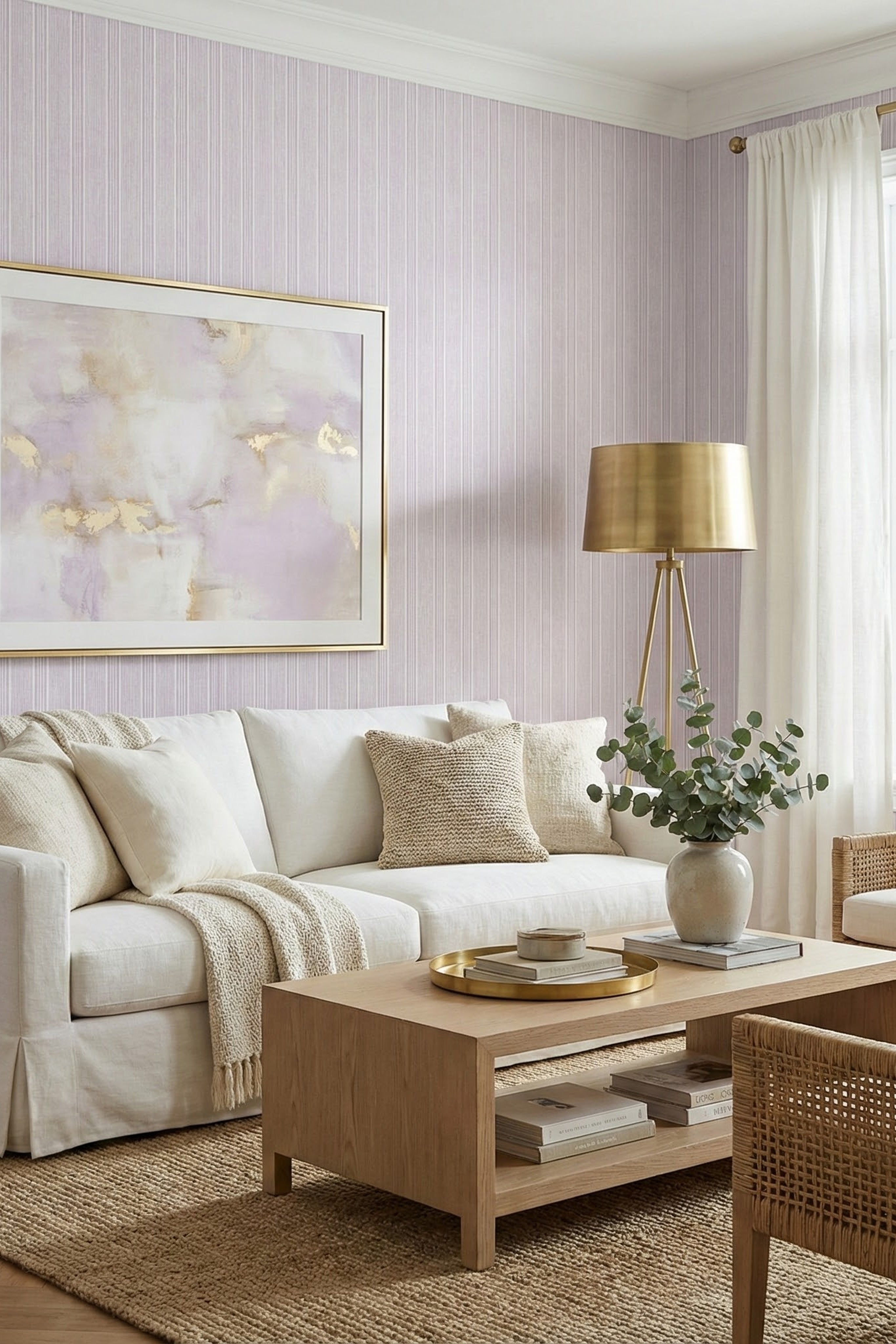 Lavender Pinstripe wallpaper shown in a living room