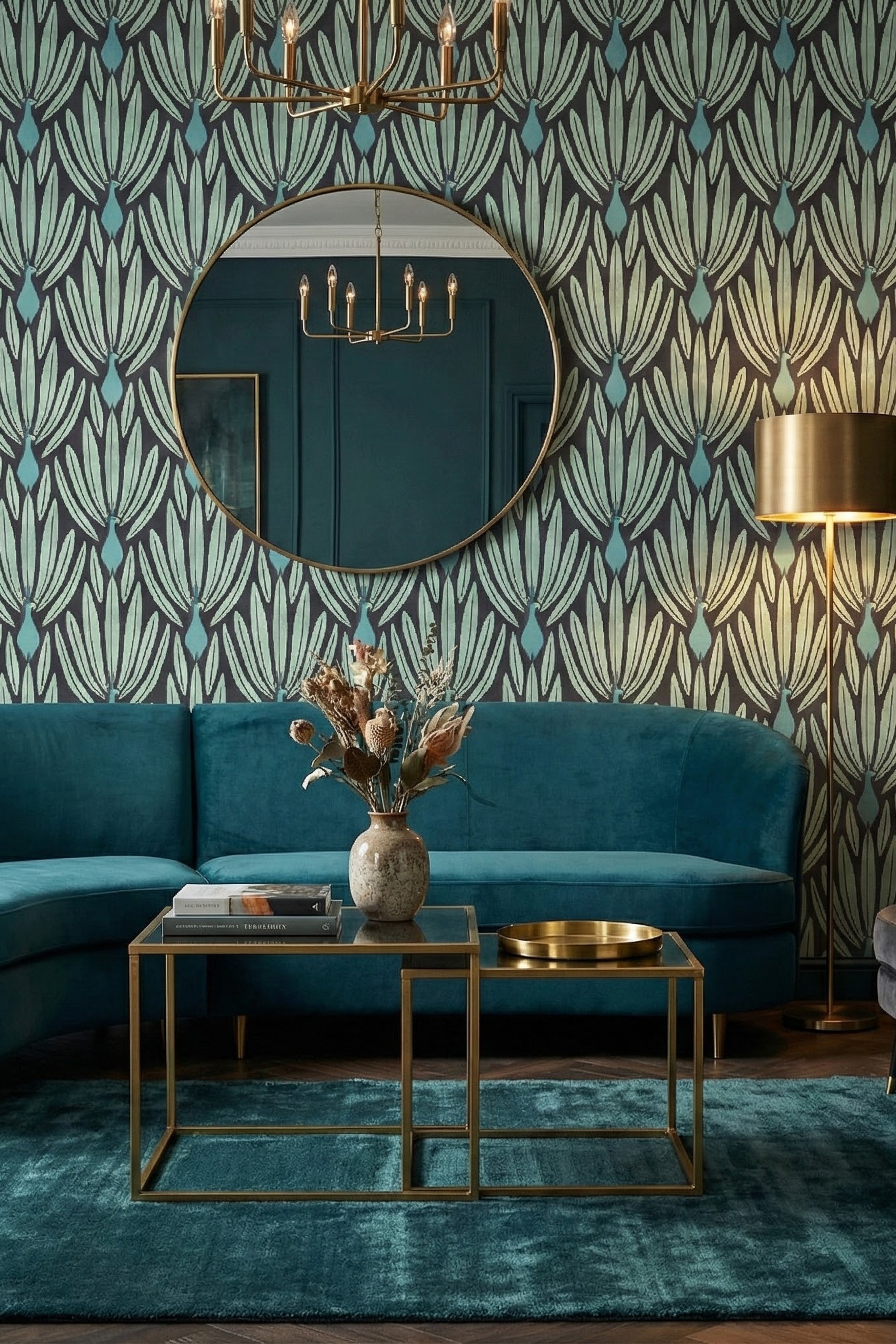 Peacock Lounge wallpaper shown in a living room