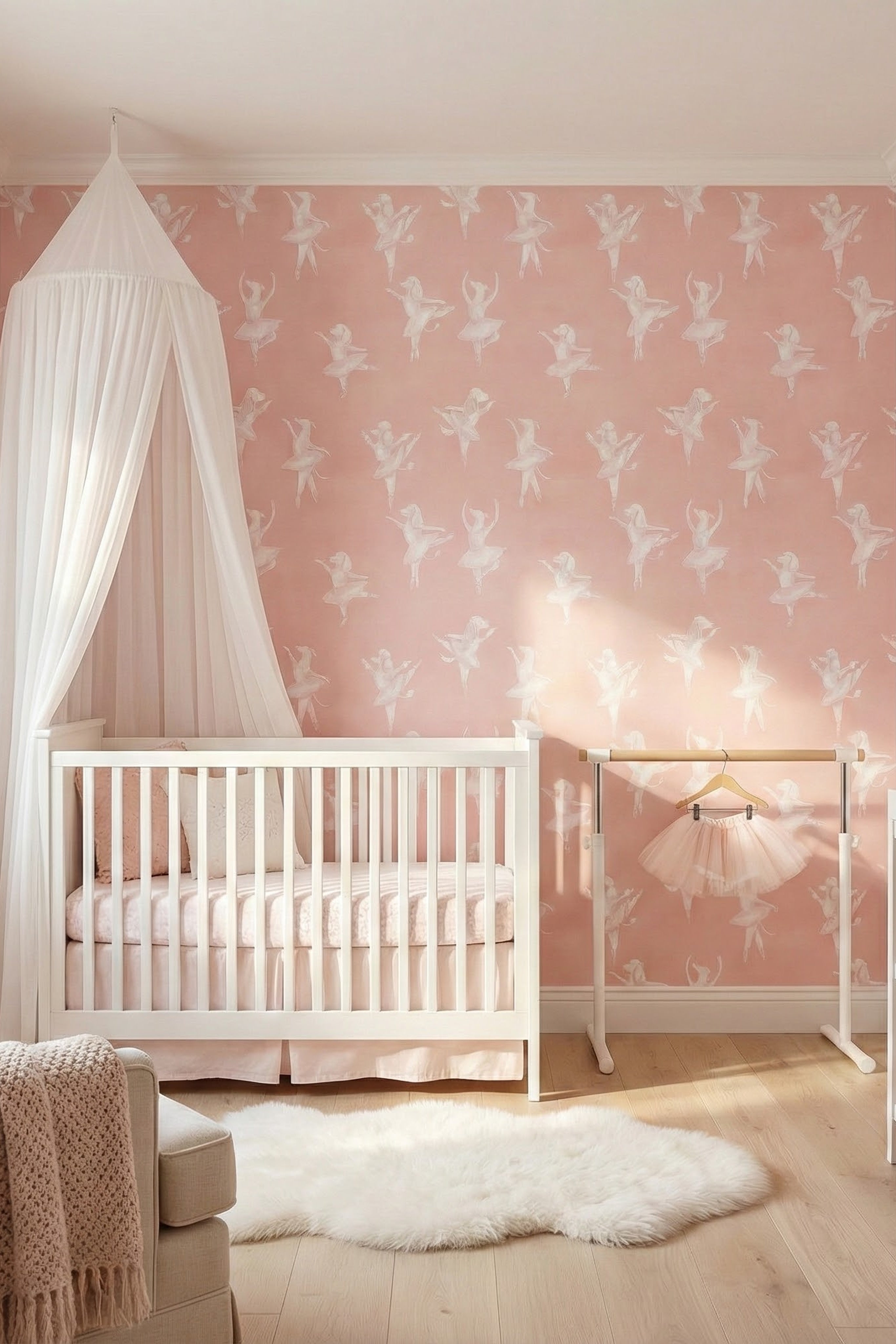 Puppy Ballet wallpaper shown in a nursery