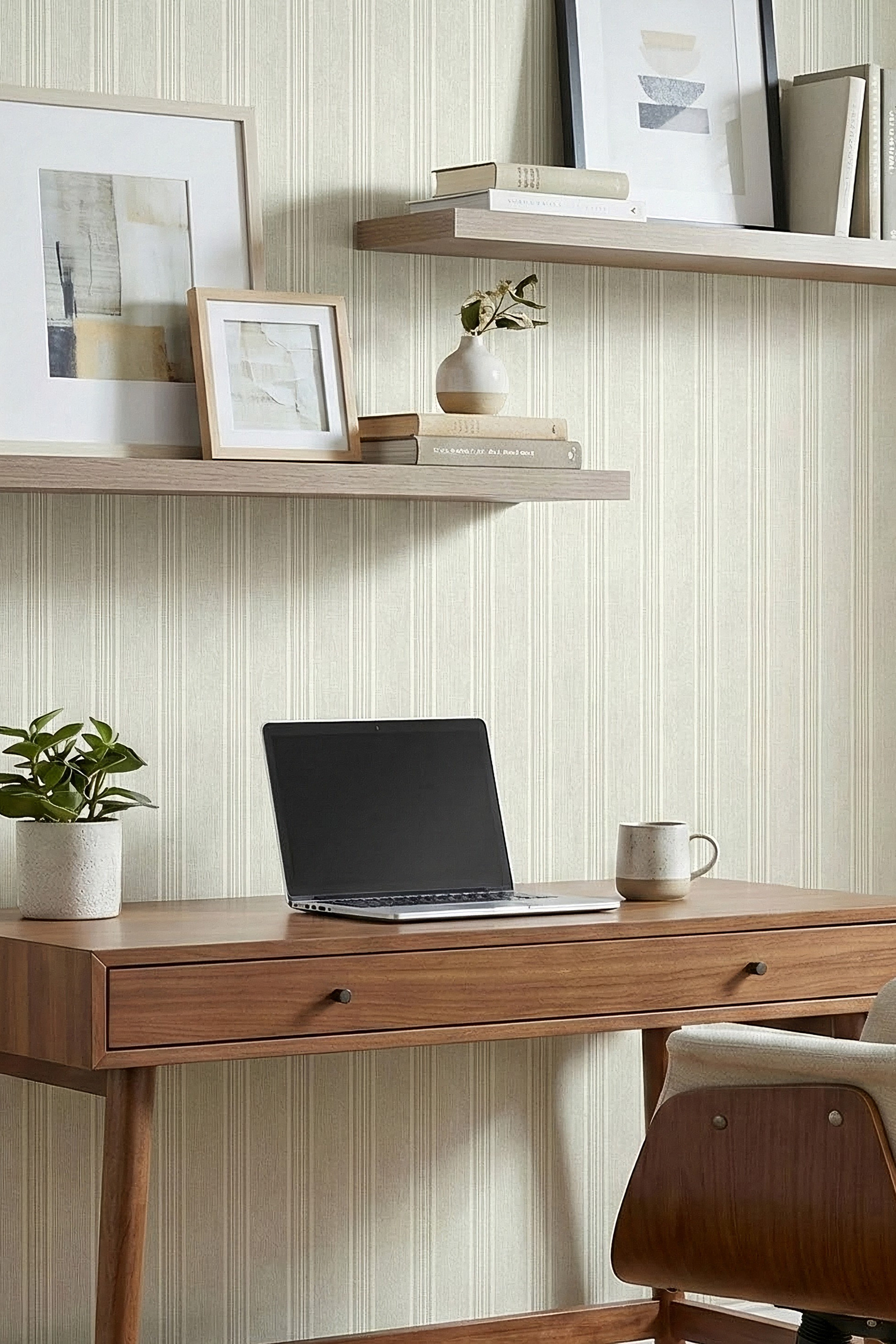Ticking Stripe wallpaper shown in a home office