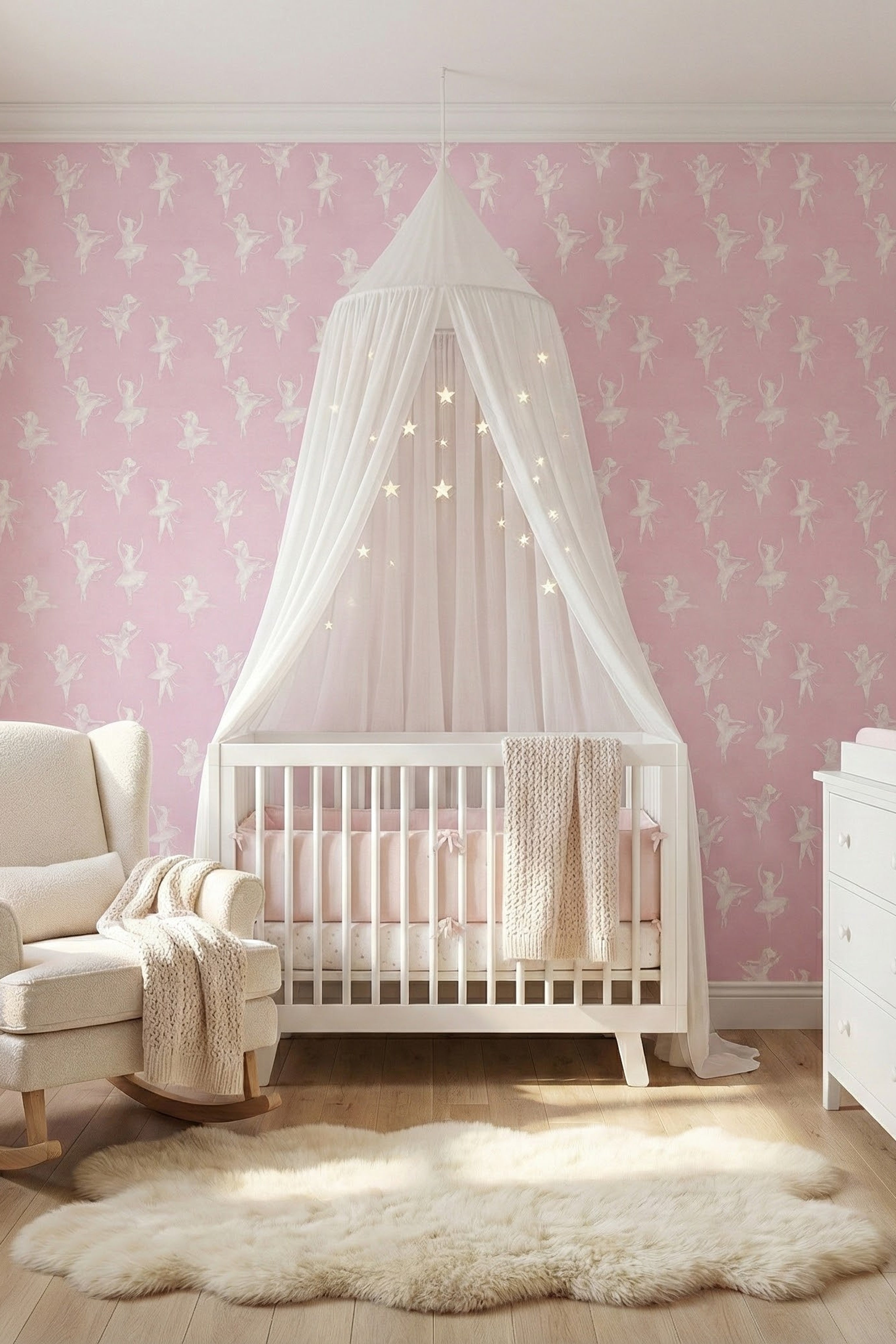 Tutu Pup wallpaper shown in a nursery