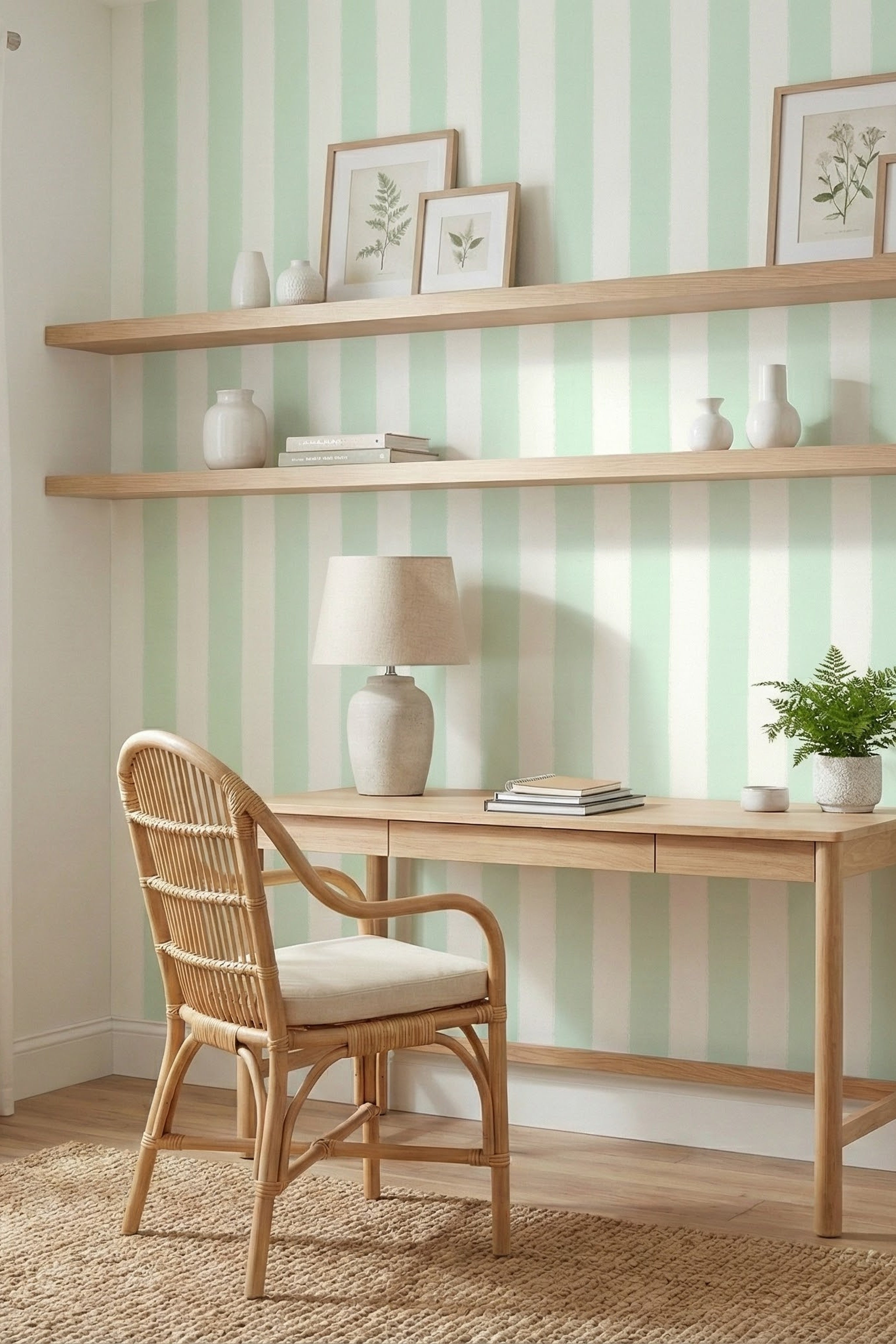 Mint Scallop wallpaper shown in a home office