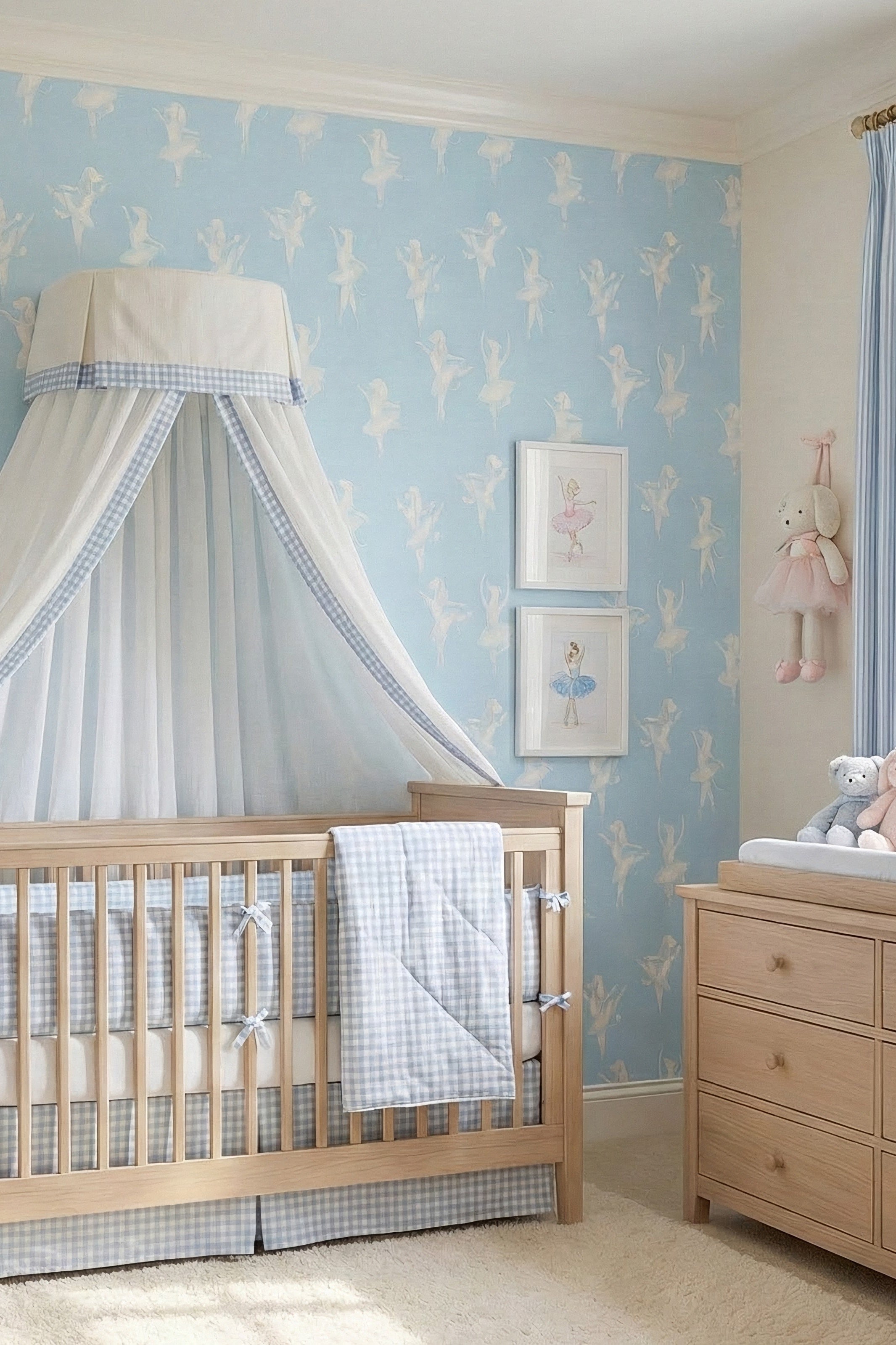 Aqua Pirouette wallpaper shown in a nursery