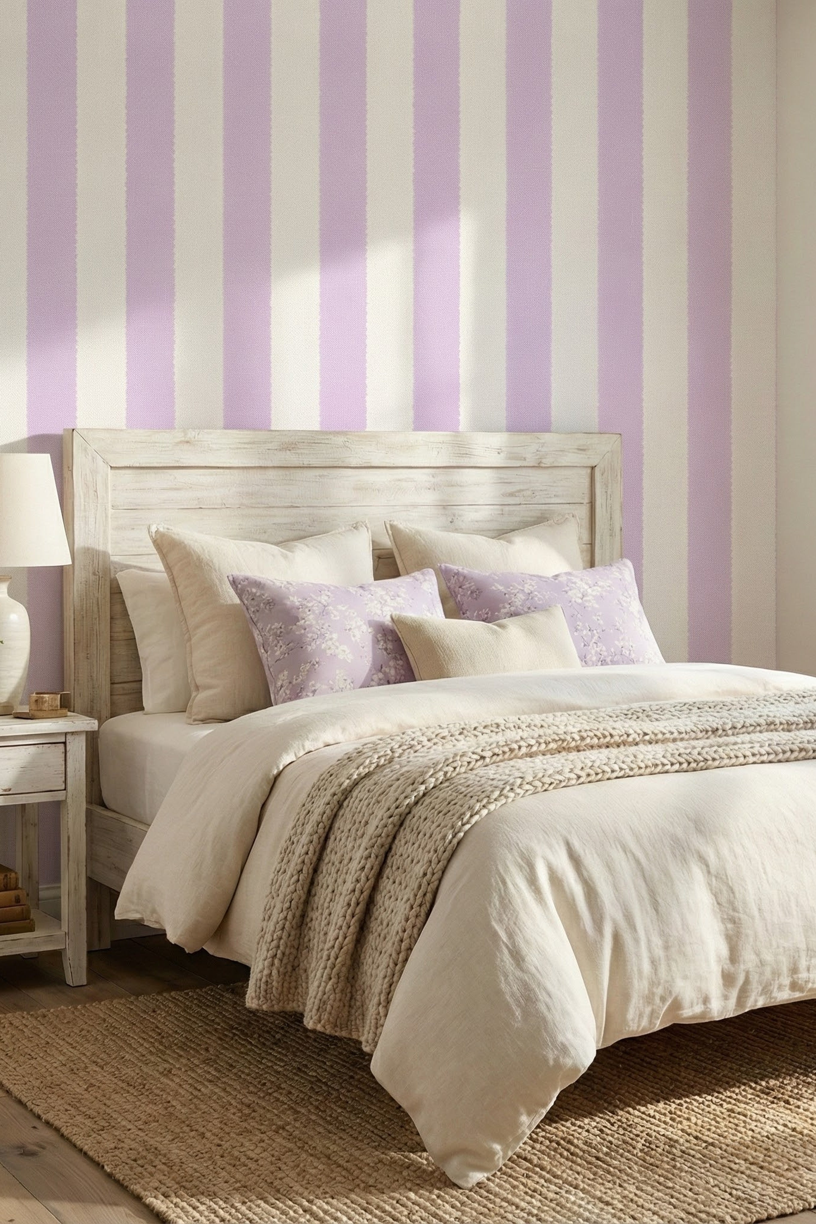 Lavender Scallop wallpaper shown in a bedroom