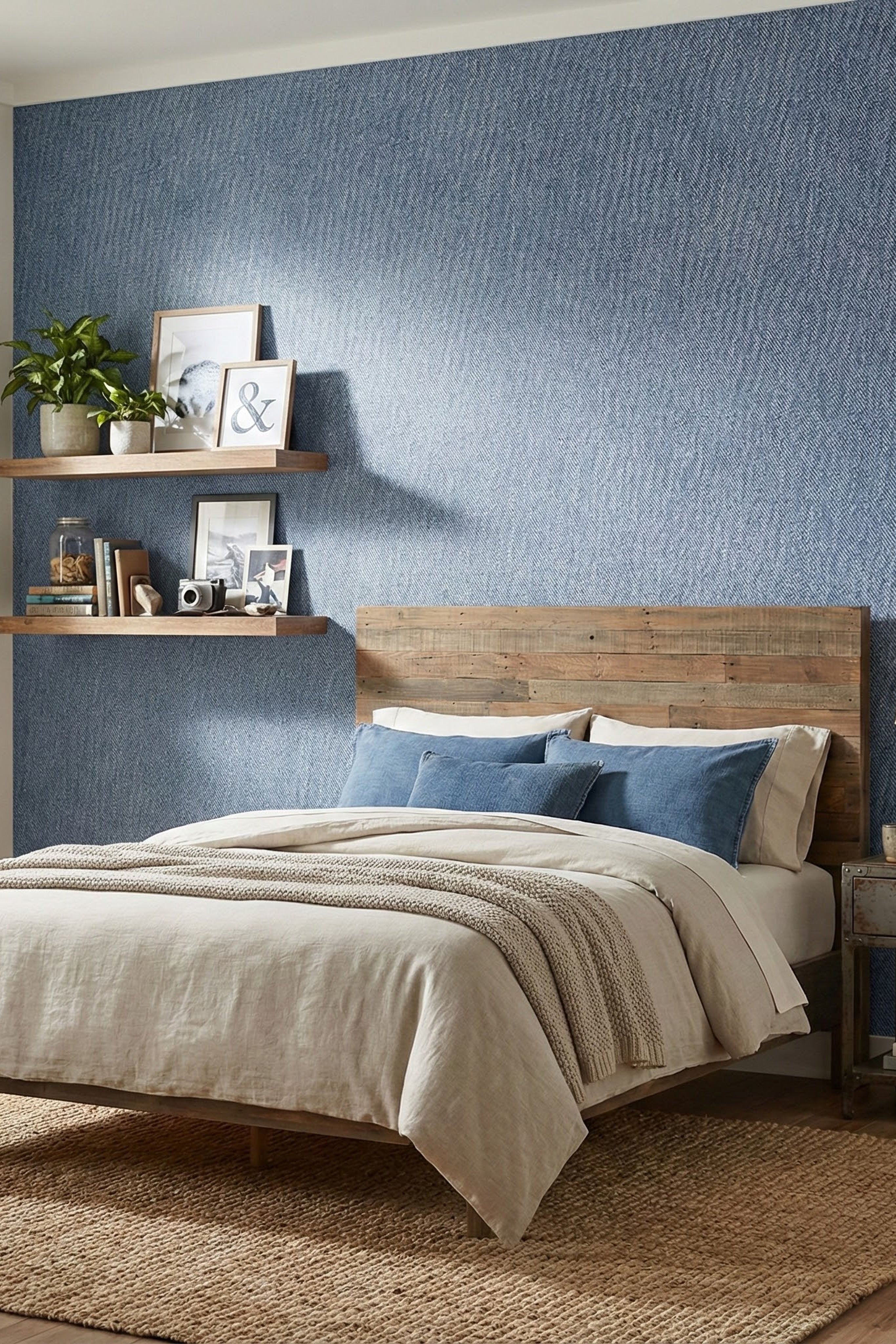 Denim Days wallpaper shown in a bedroom