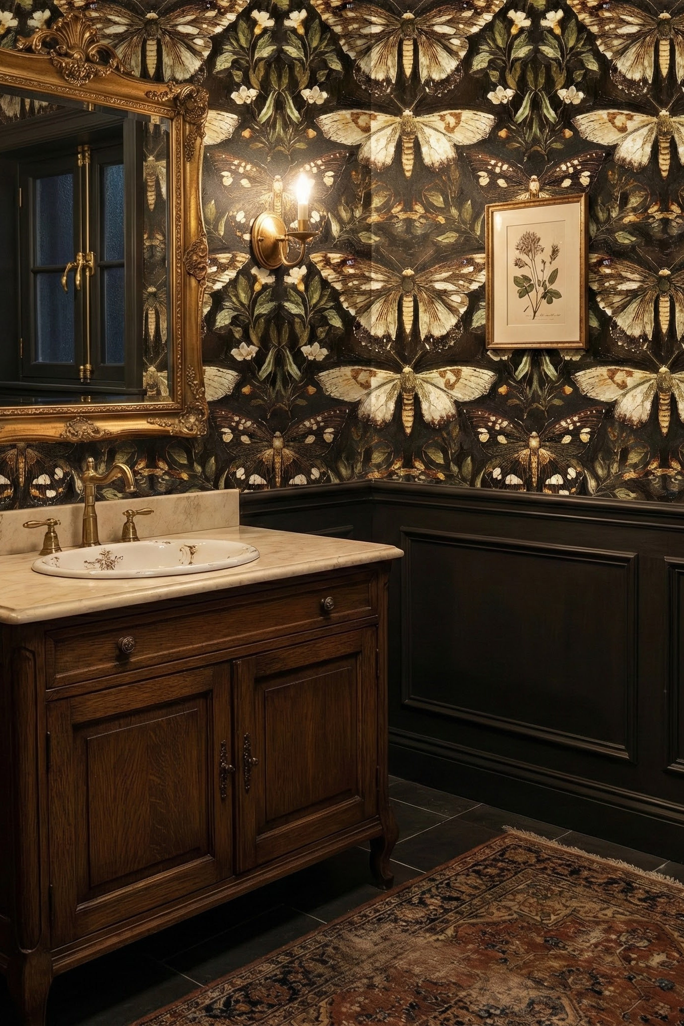 Mothlight wallpaper shown in a powder room