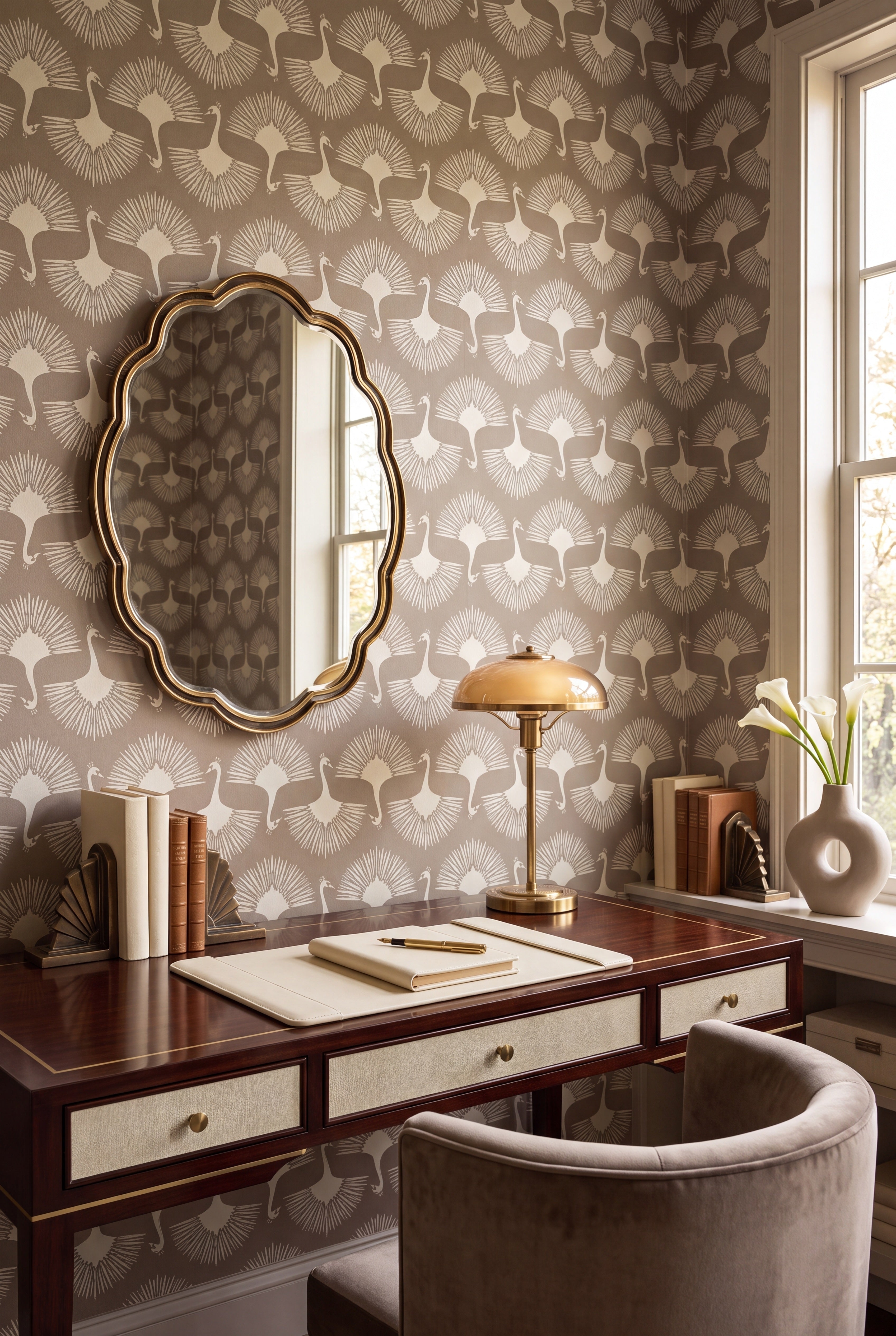 Peacock Promenade wallpaper shown in a home office