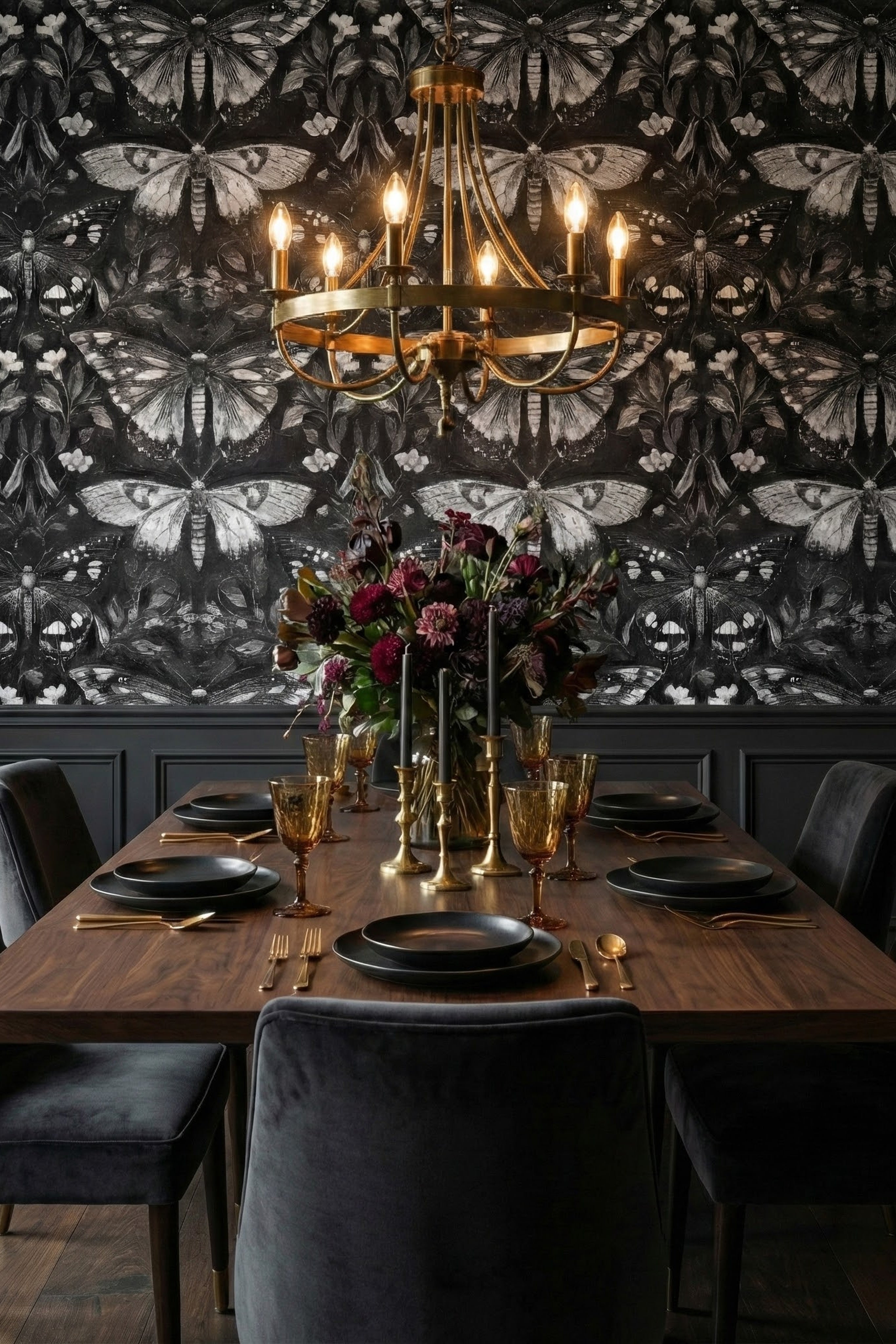 Gothic Flutter wallpaper shown in a dining room