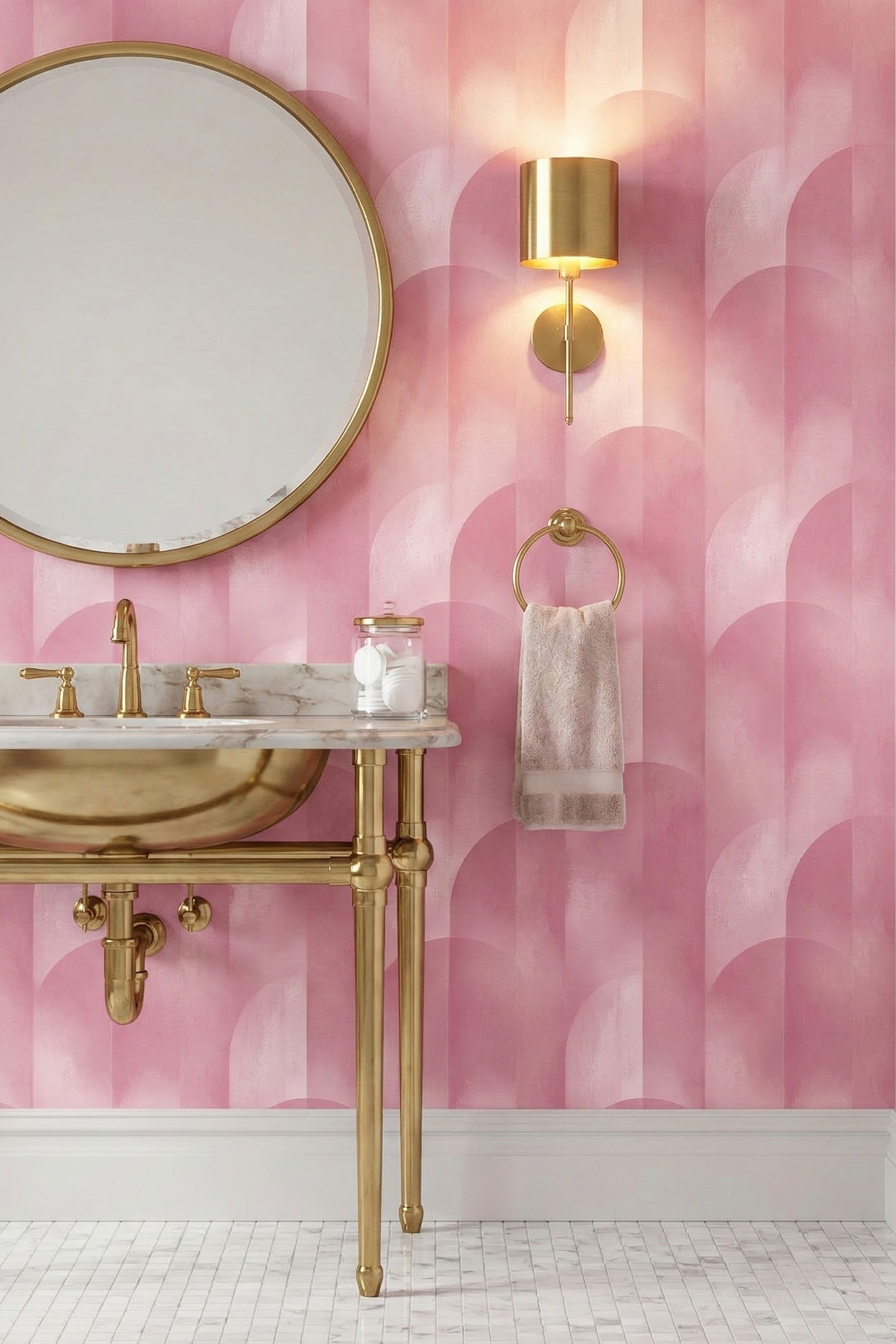 Blush Arcade wallpaper shown in a powder room