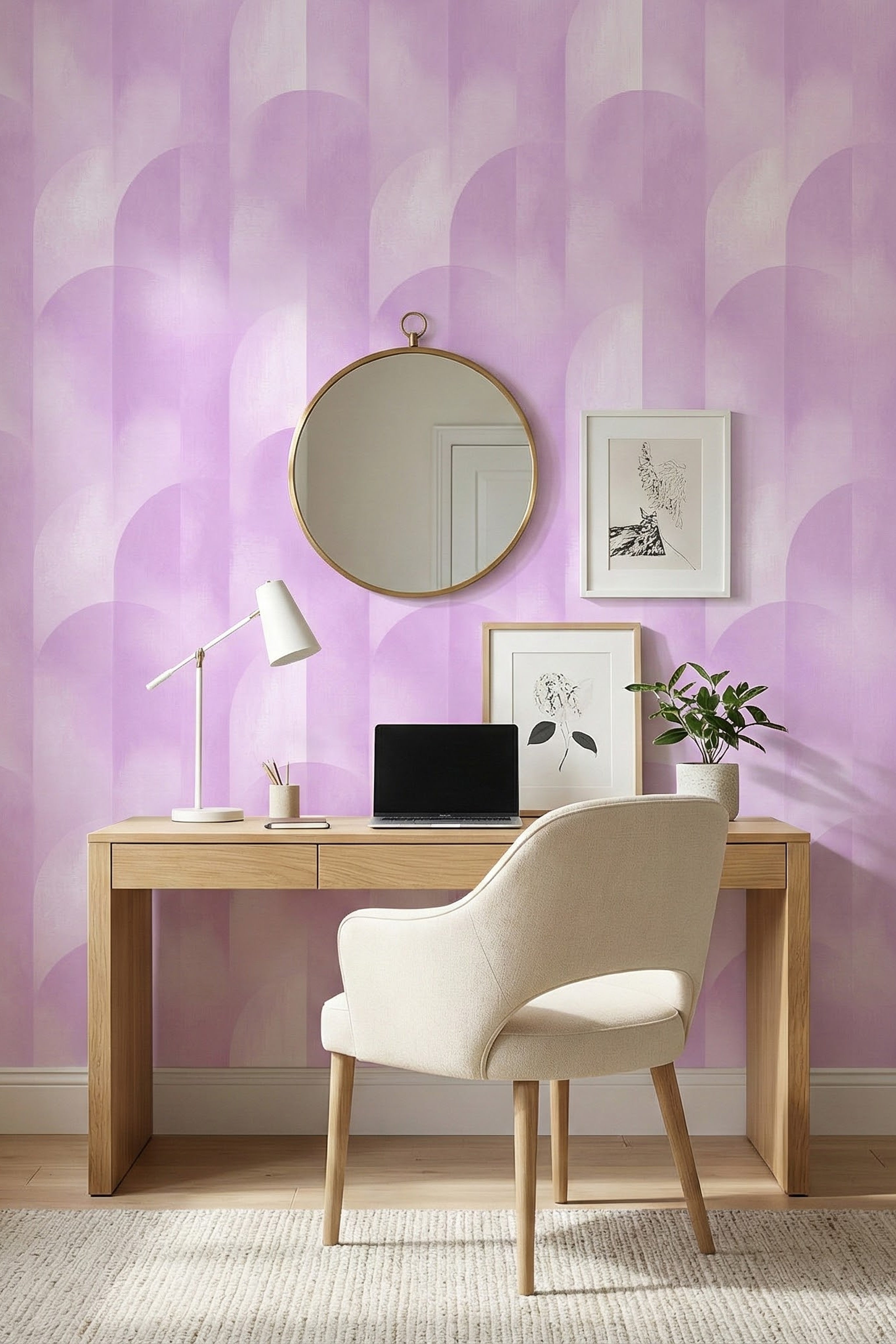 Lilac Arcade wallpaper shown in a home office