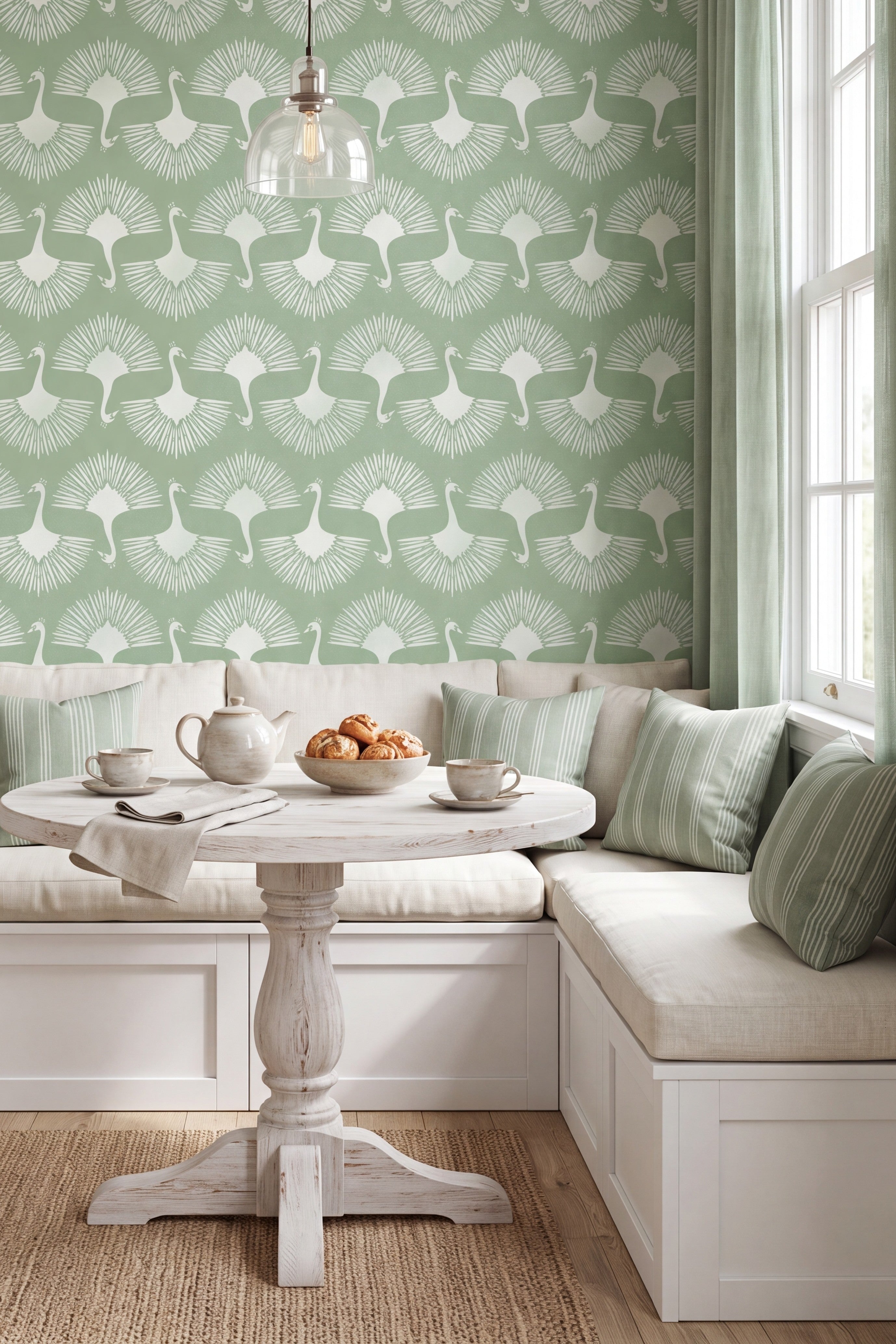 Sage Plume wallpaper shown in a cozy nook