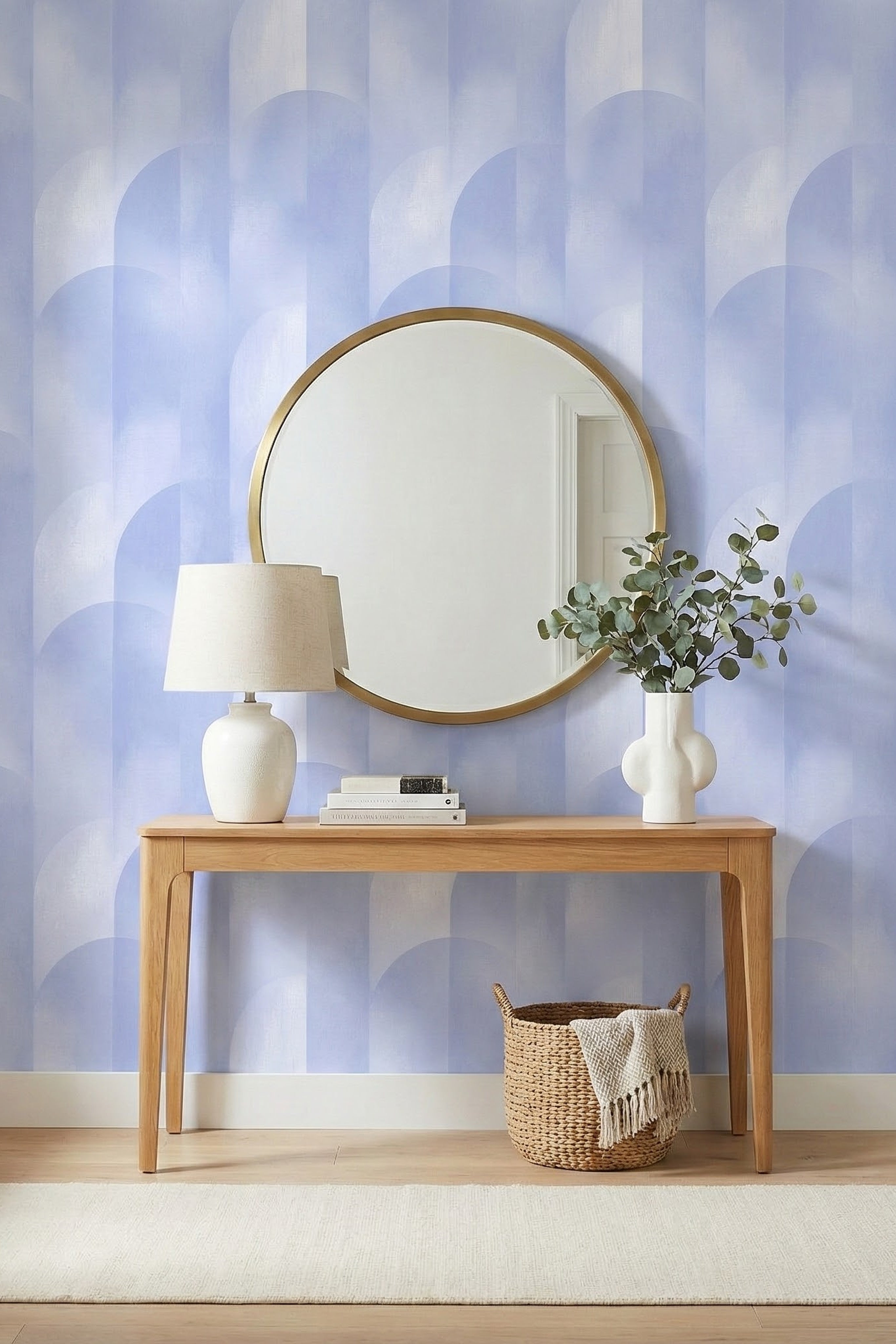Periwinkle Arcade wallpaper shown in an entryway