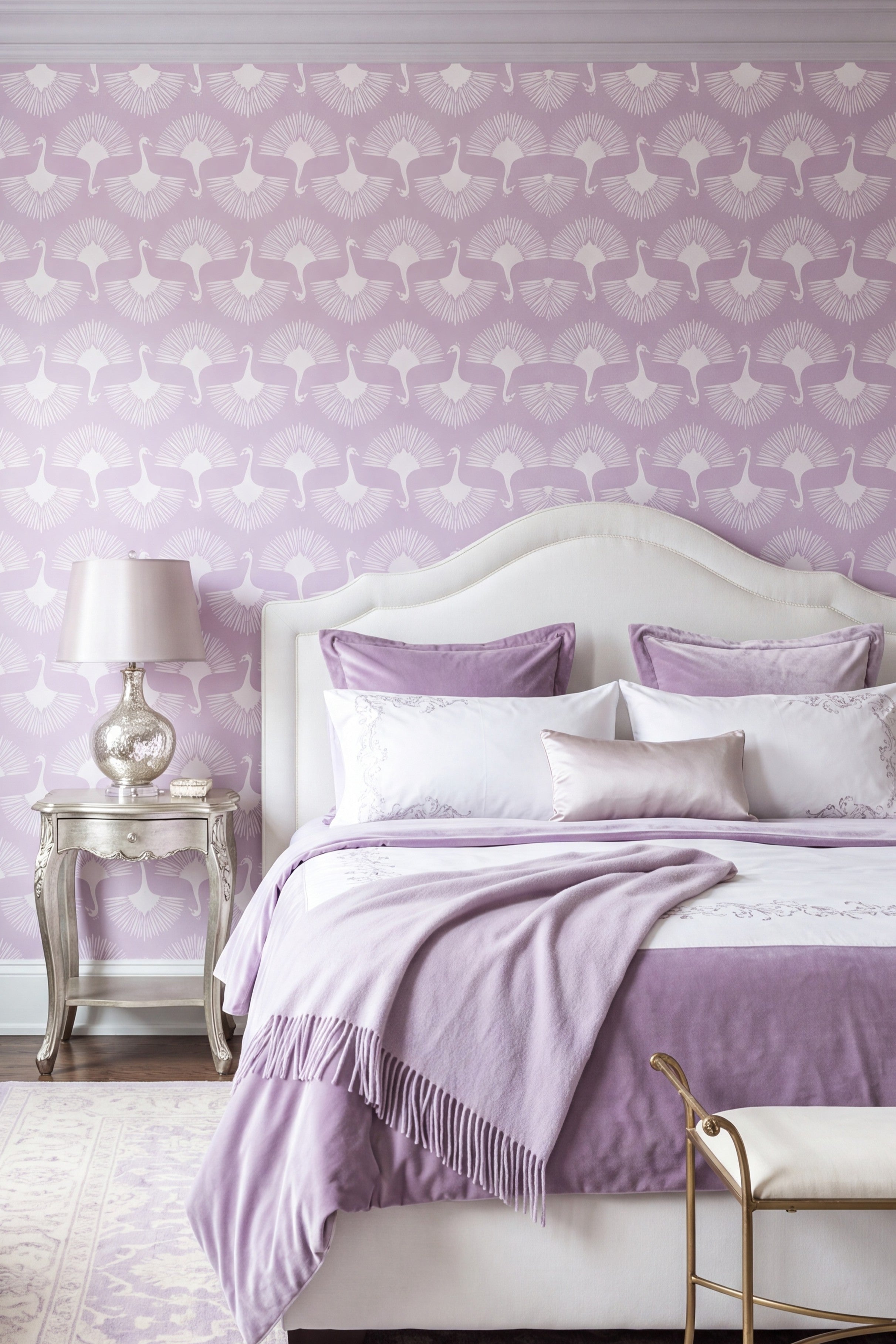 Lilac Plume wallpaper shown in a bedroom