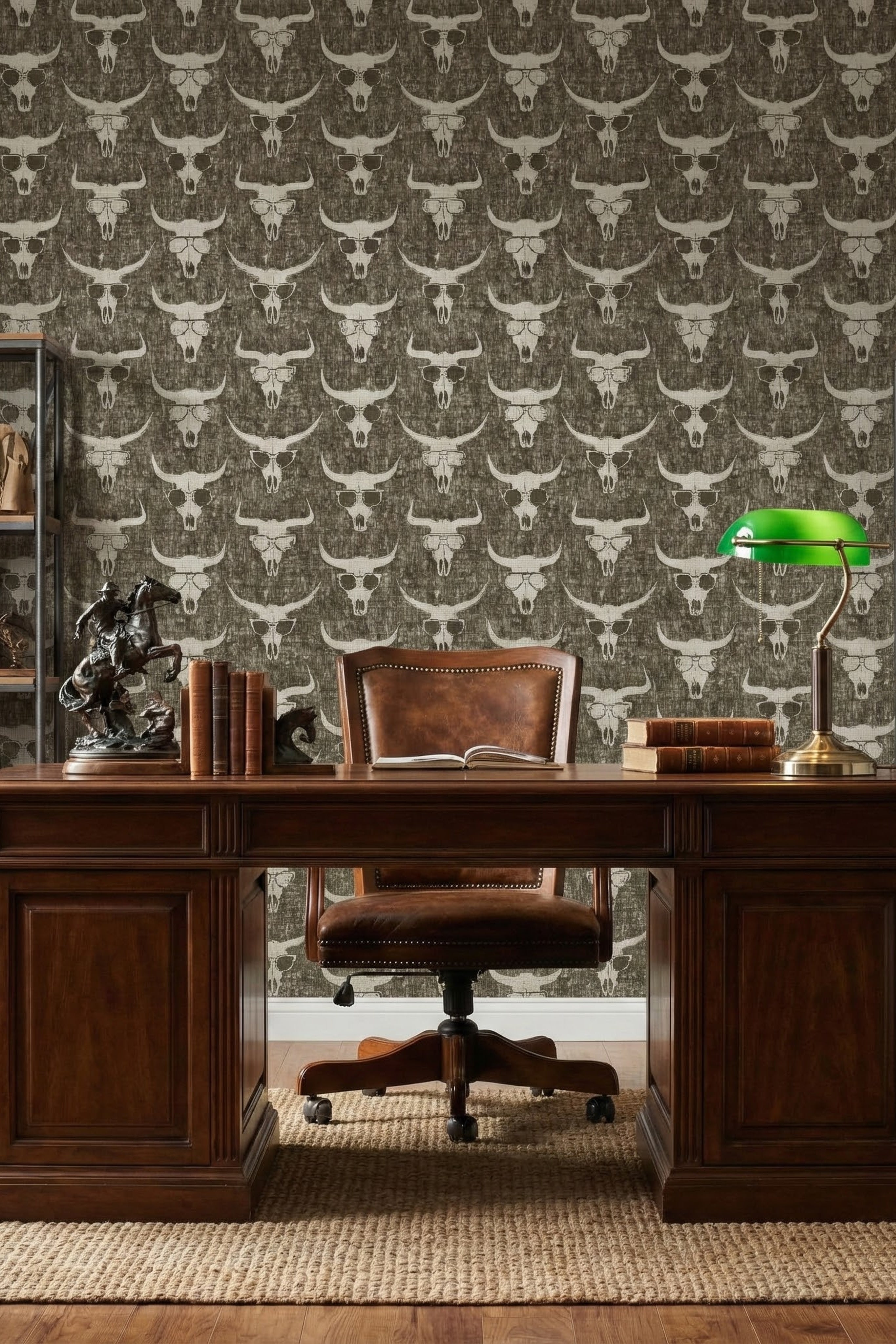 Shady Longhorn wallpaper shown in a home office