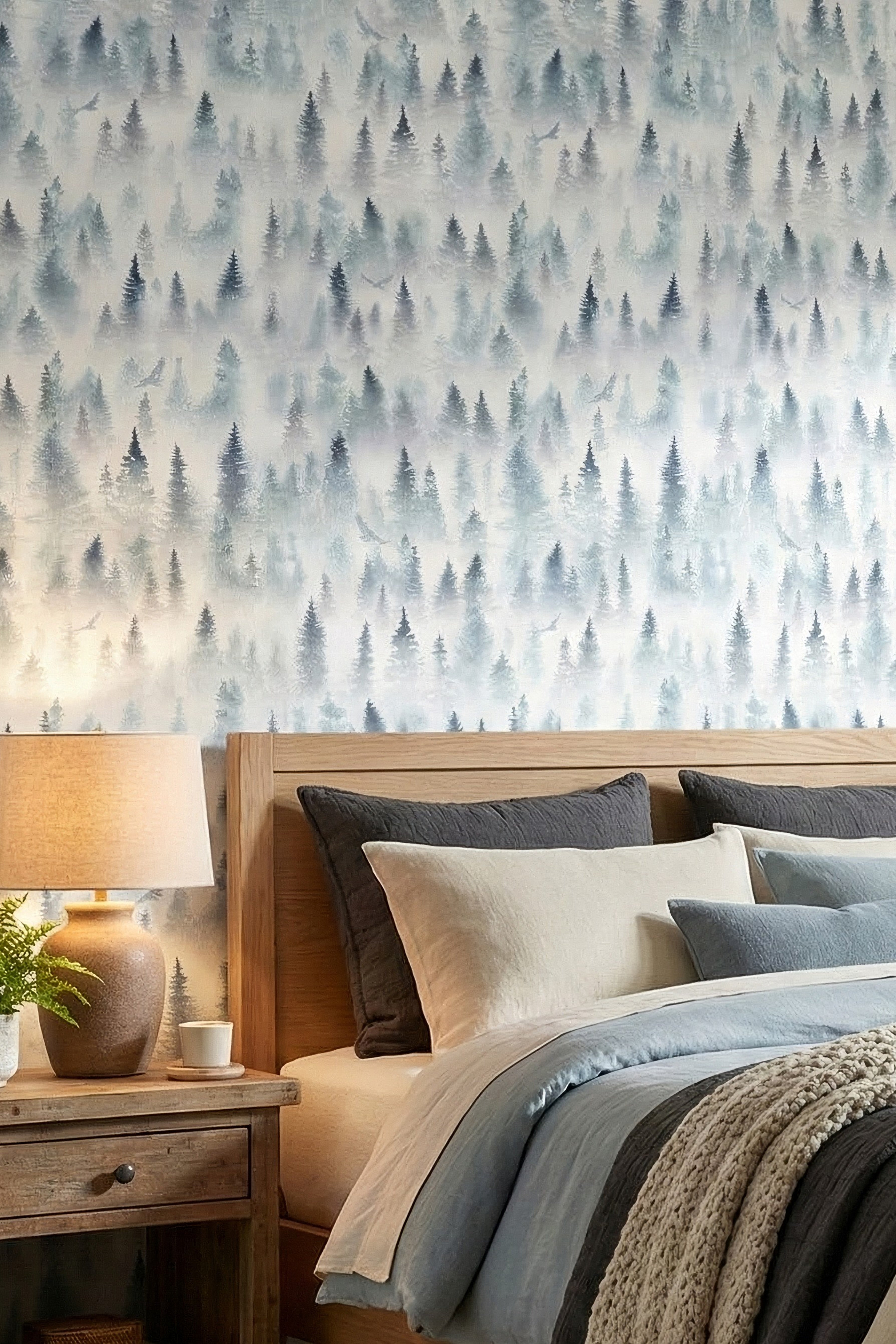 Nordic Mist wallpaper shown in a bedroom