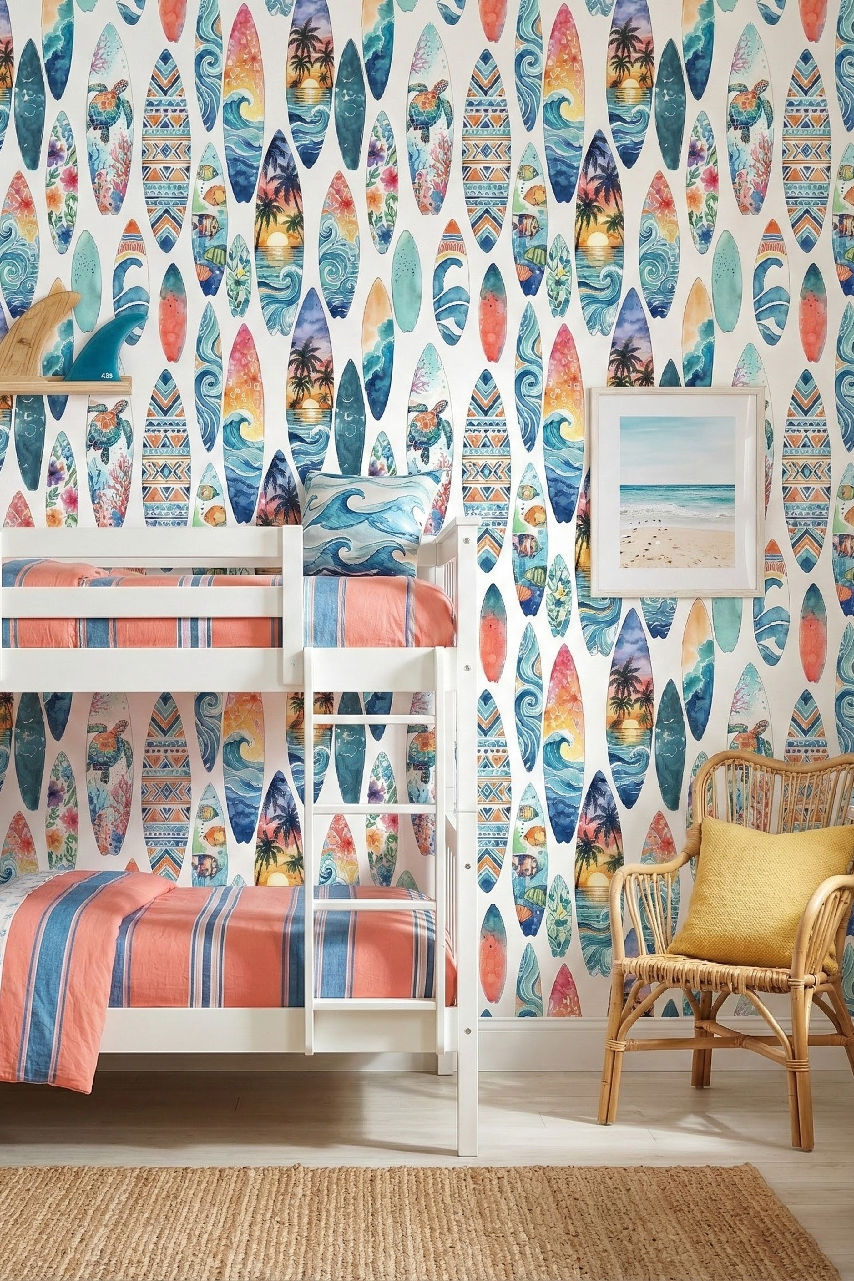Surf's Up wallpaper shown in a bunk room