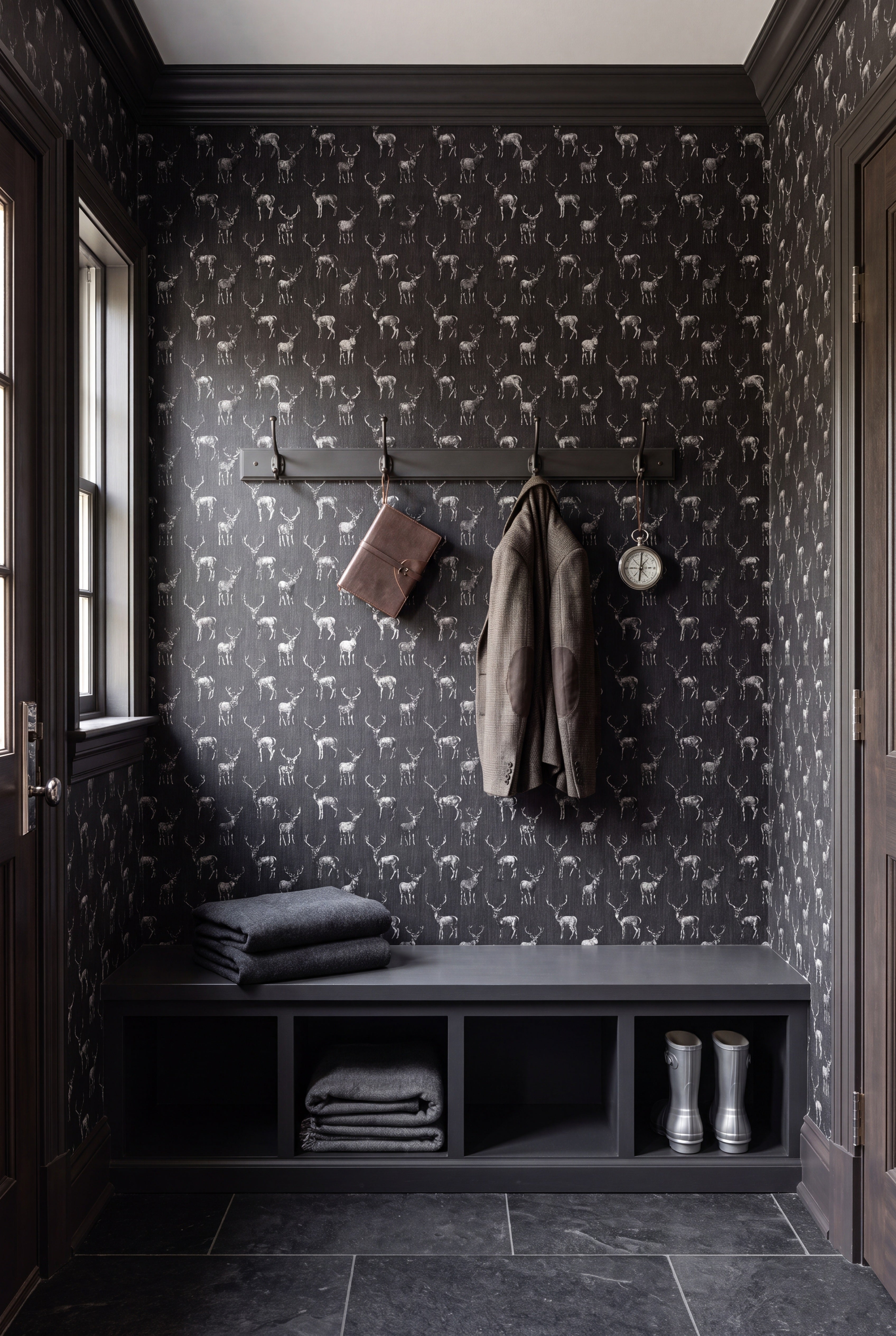 Shady Buck wallpaper shown in a mudroom
