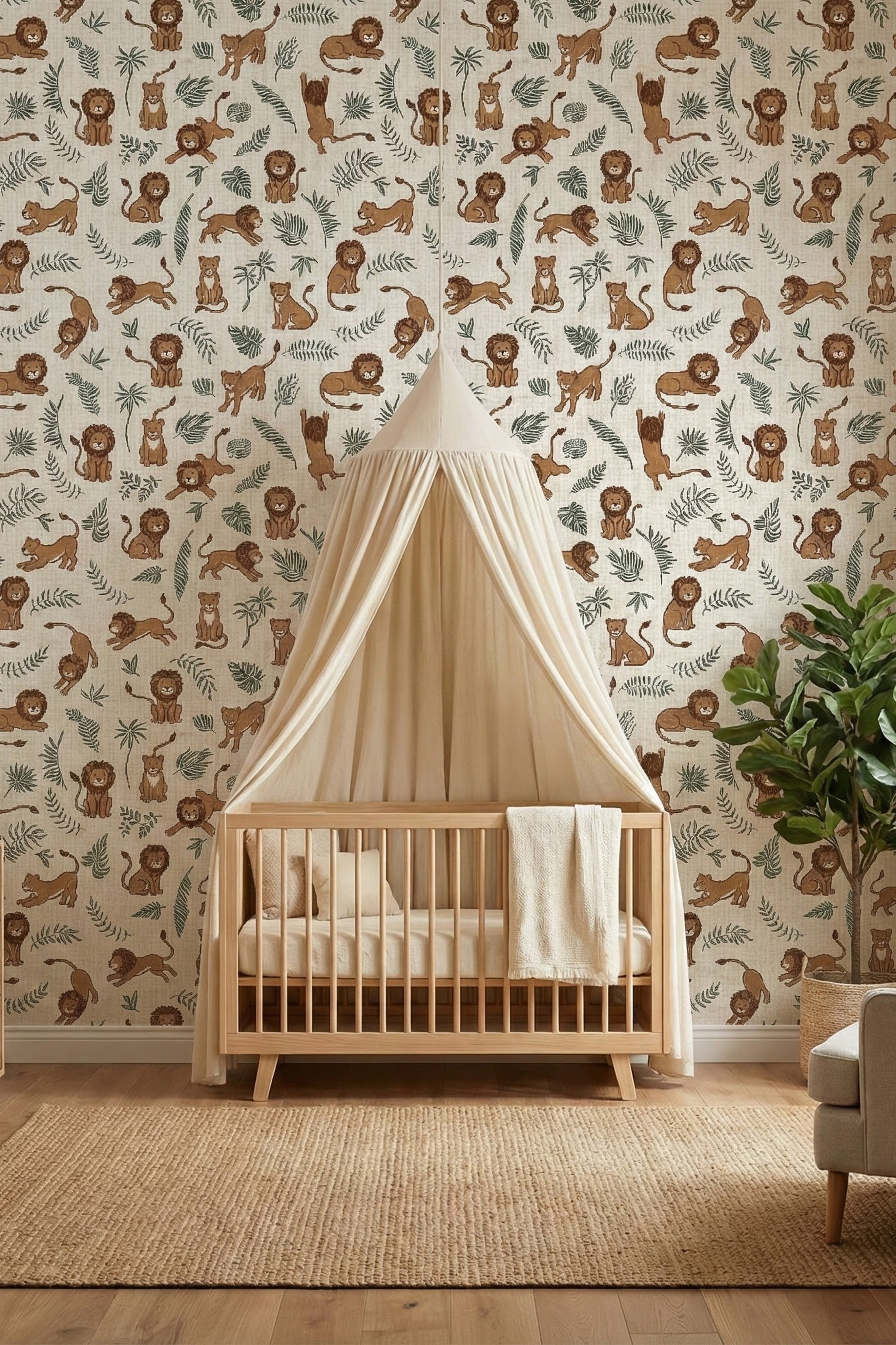 Lion Around wallpaper shown in a nursery