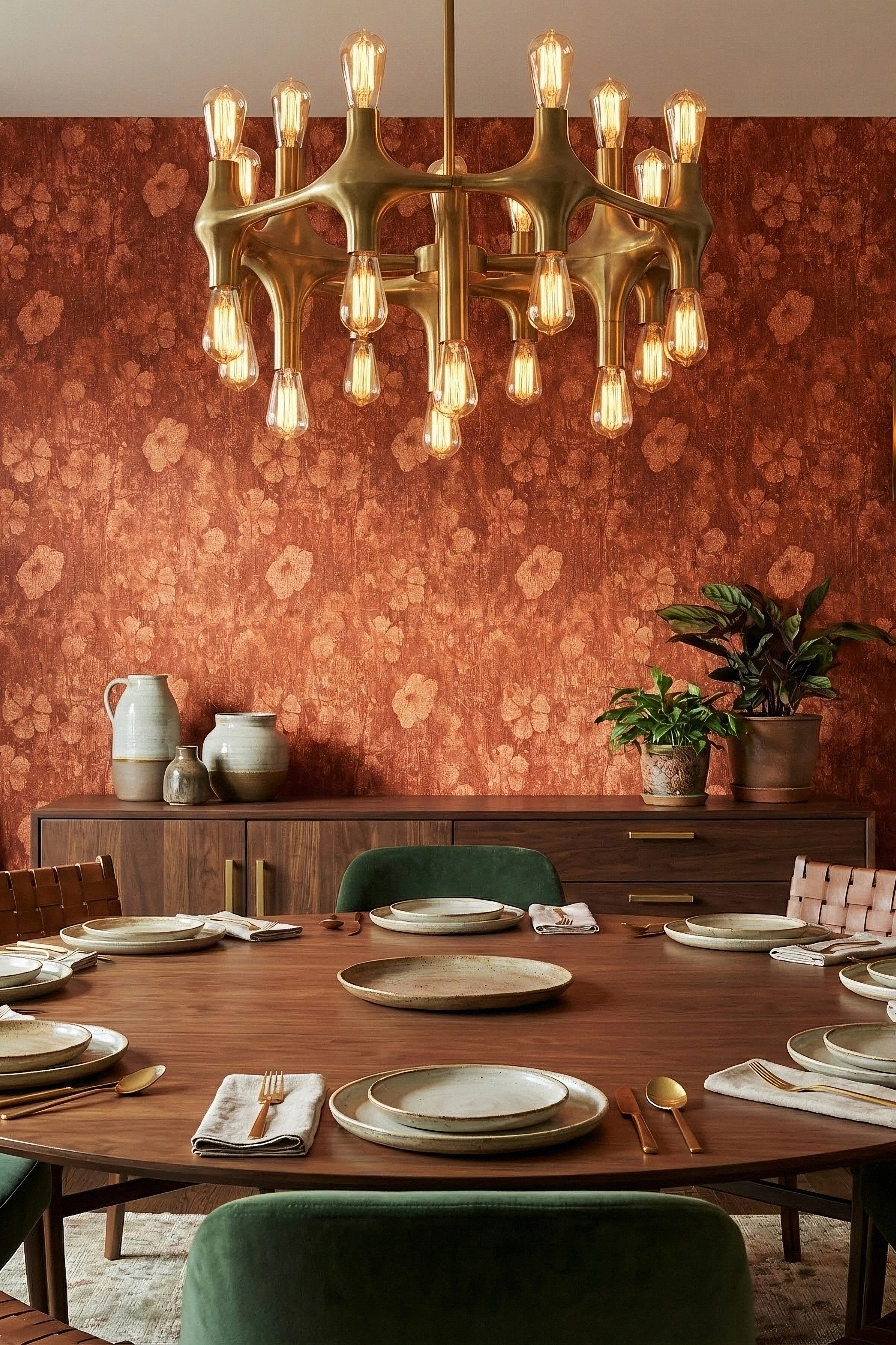 Rust Bloom wallpaper shown in a dining room