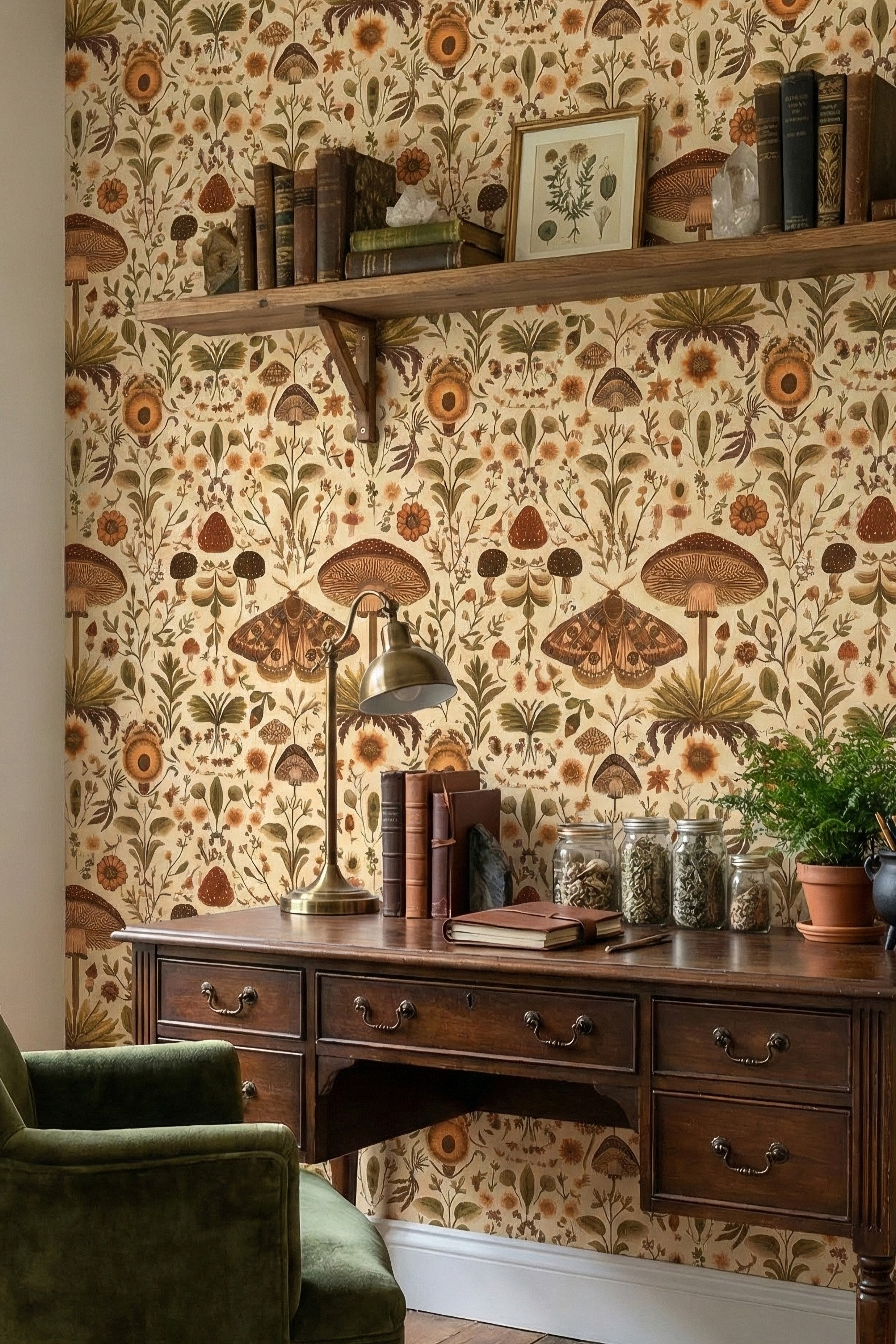 Moth & Mushroom wallpaper shown in a home office