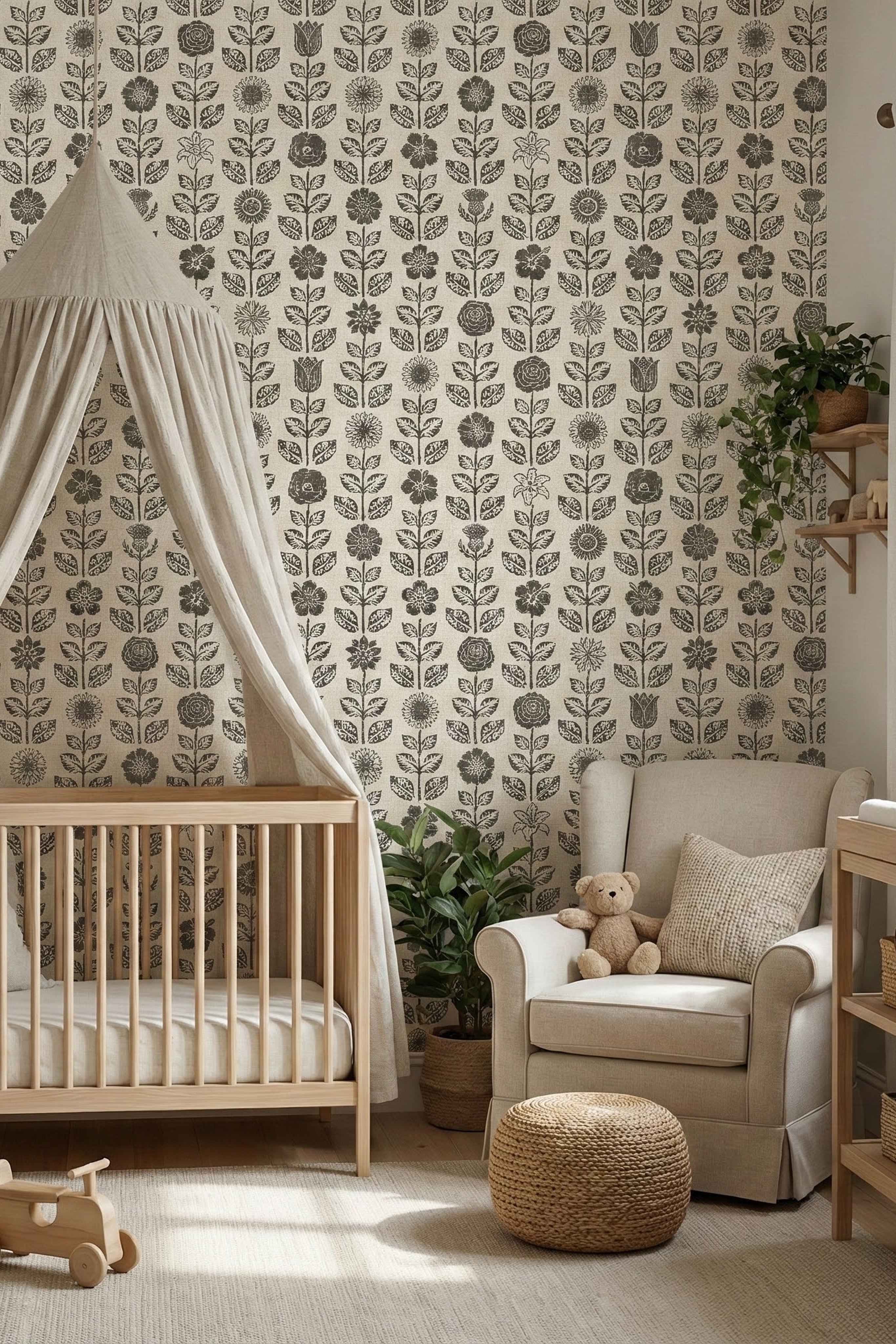 Oat Folk wallpaper shown in a nursery