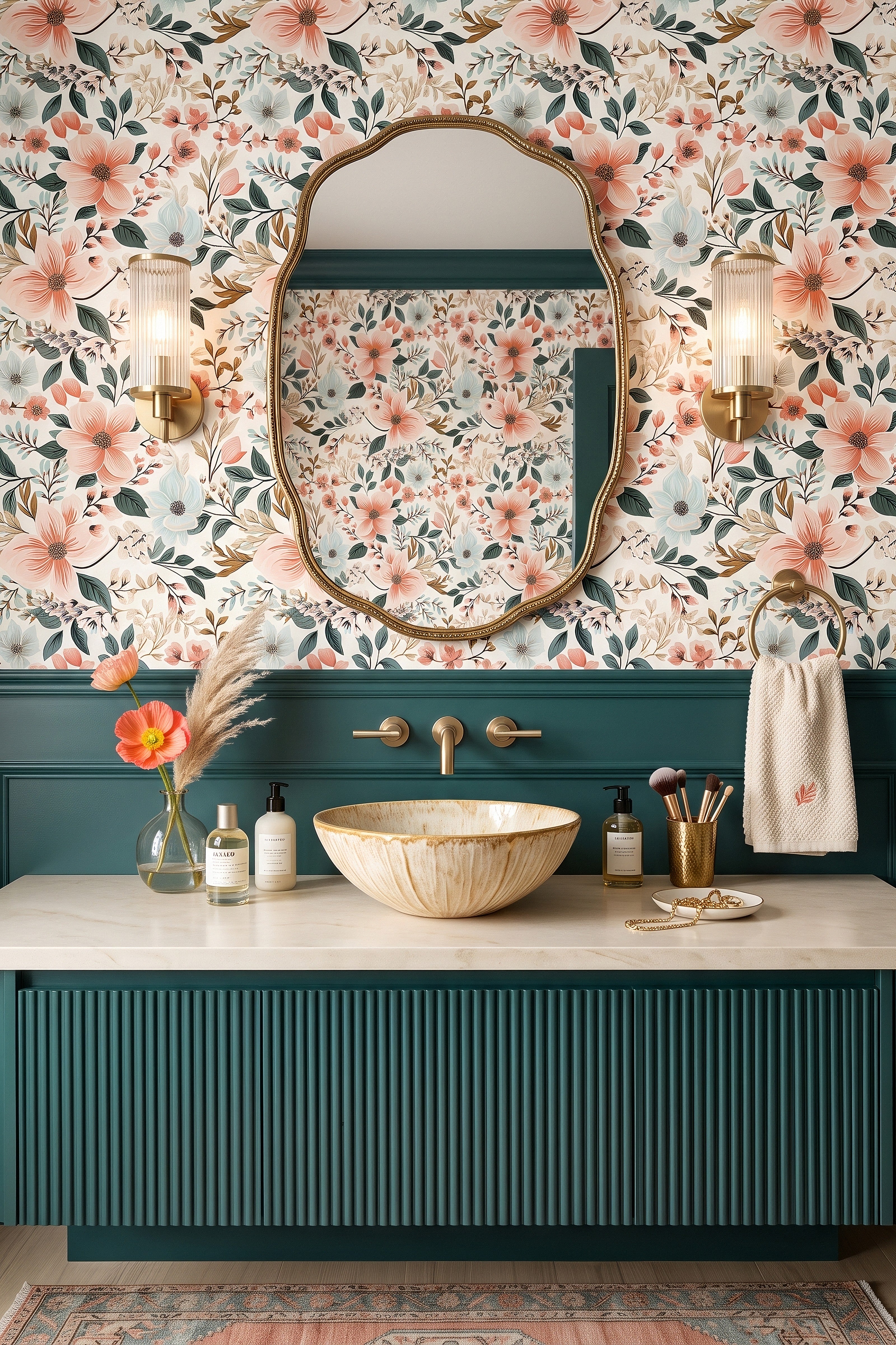 Peach Orchard wallpaper shown in a powder room