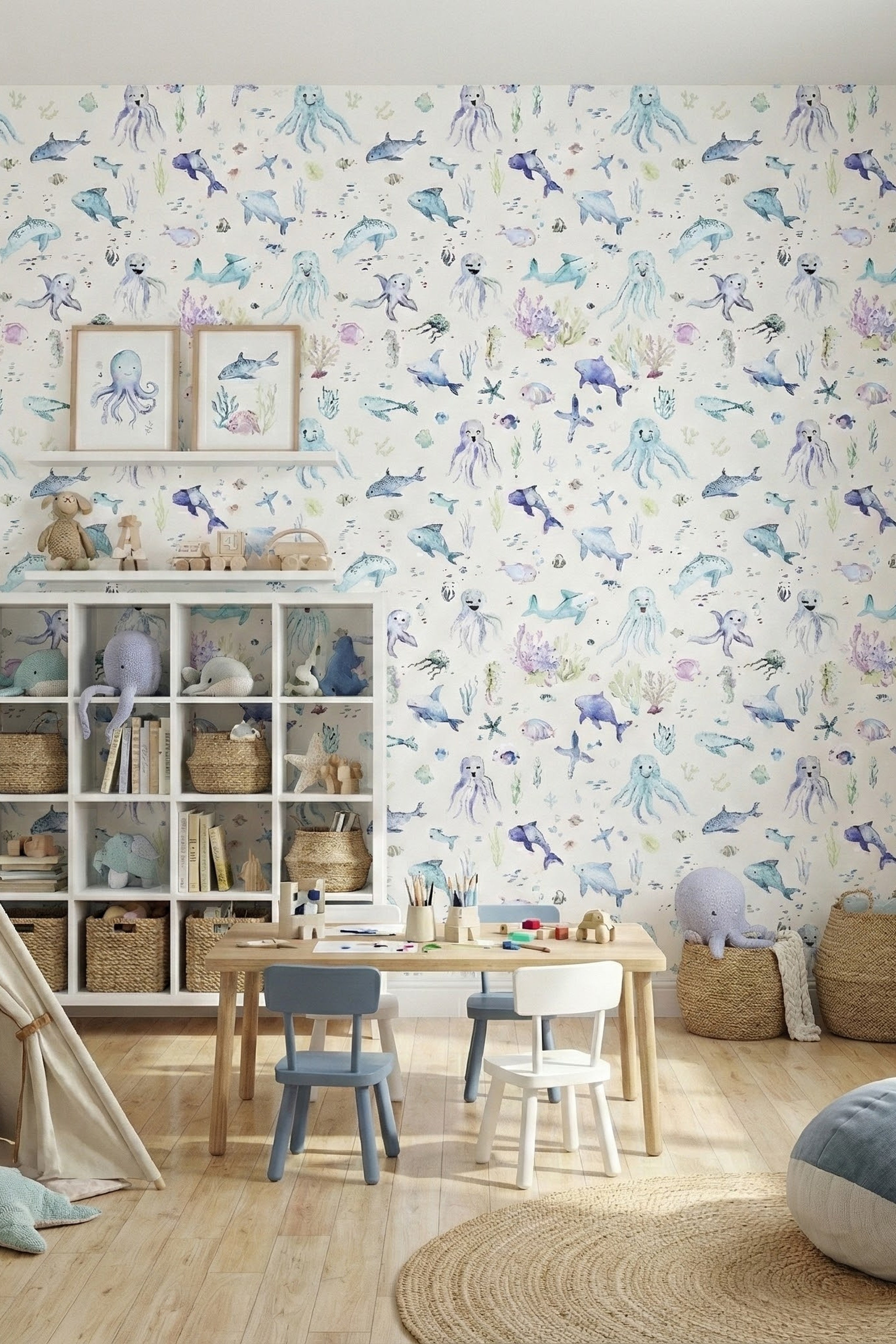 Deep Sea Play wallpaper shown in a playroom