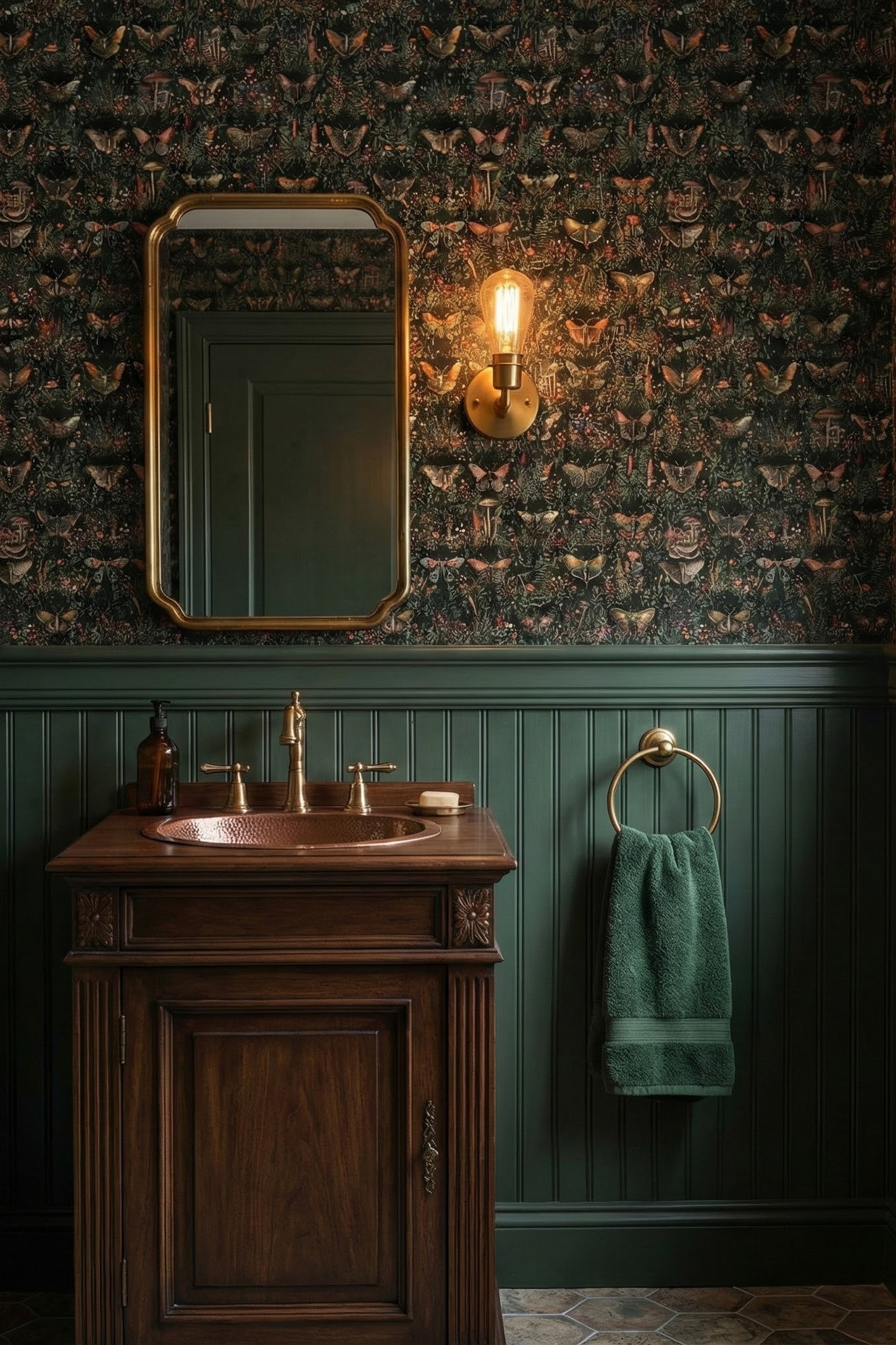 Midnight Cap wallpaper shown in a powder room
