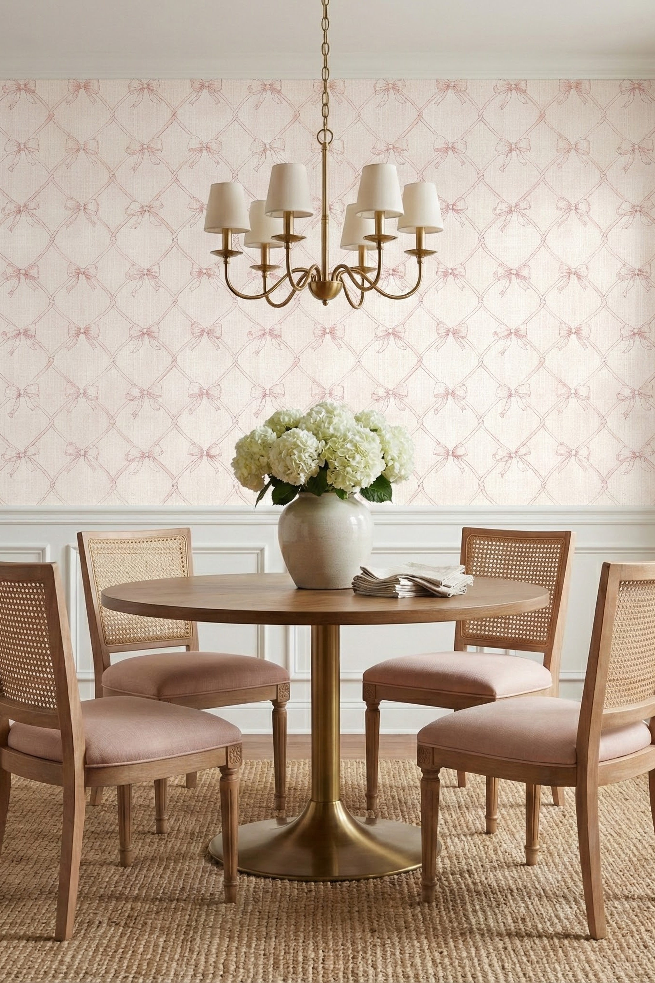 Blush Bow wallpaper shown in a dining room