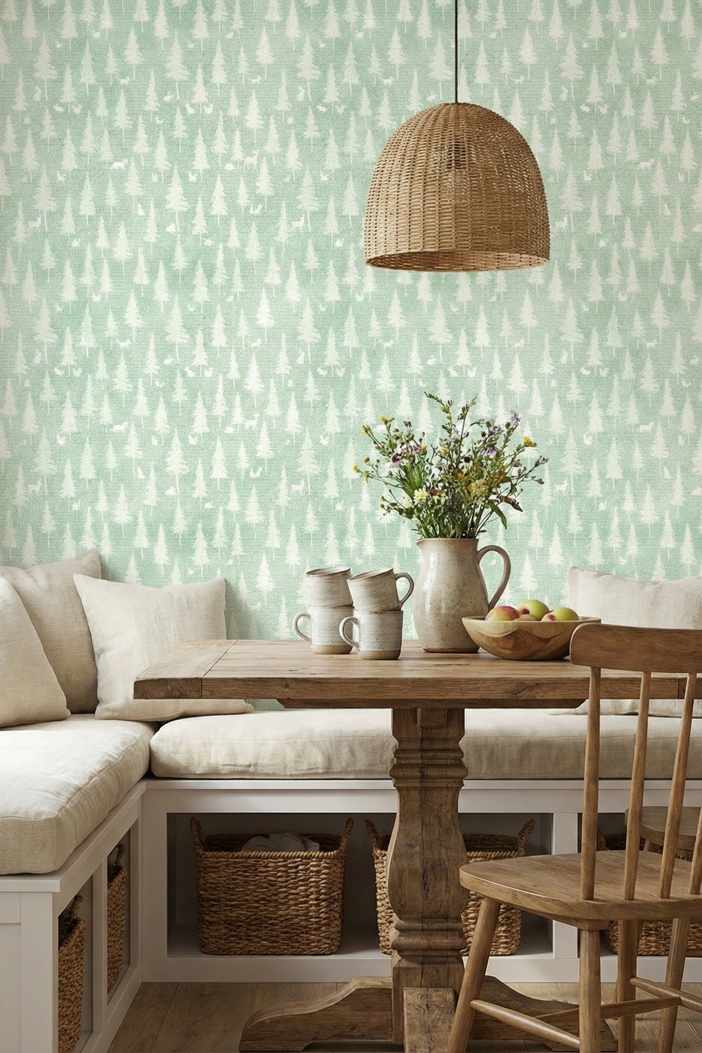 Sage Woodland wallpaper shown in a cozy nook